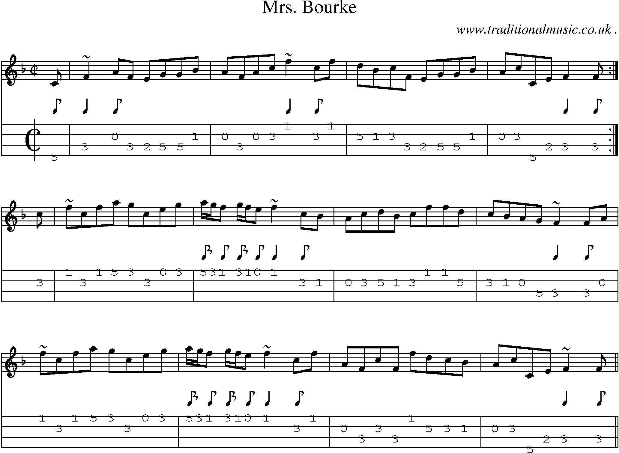 Sheet-music  score, Chords and Mandolin Tabs for Mrs Bourke