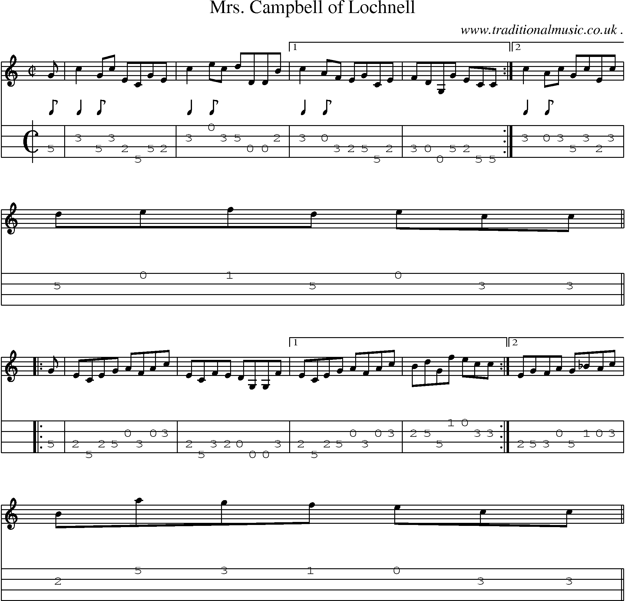 Sheet-music  score, Chords and Mandolin Tabs for Mrs Campbell Of Lochnell