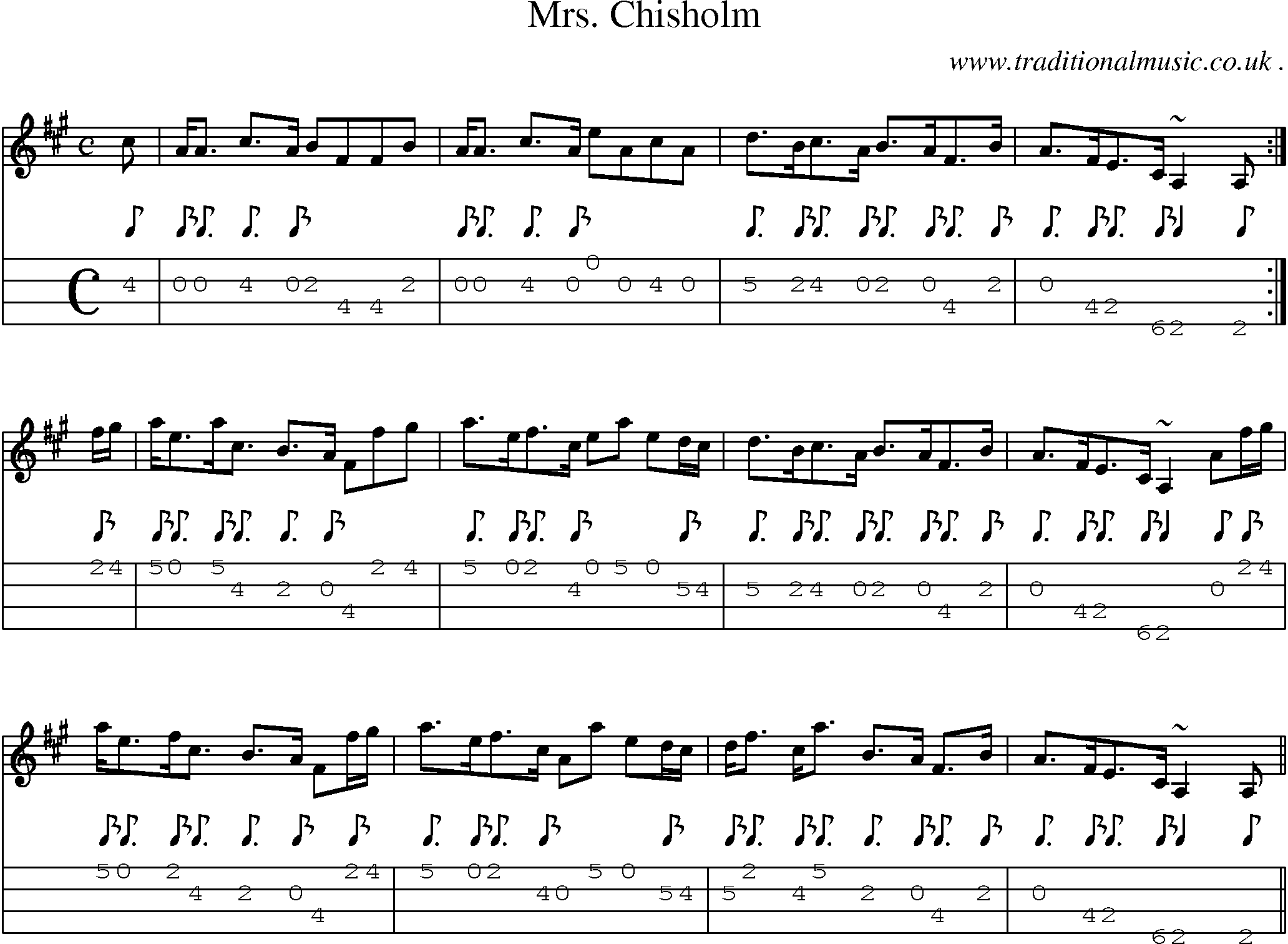Sheet-music  score, Chords and Mandolin Tabs for Mrs Chisholm