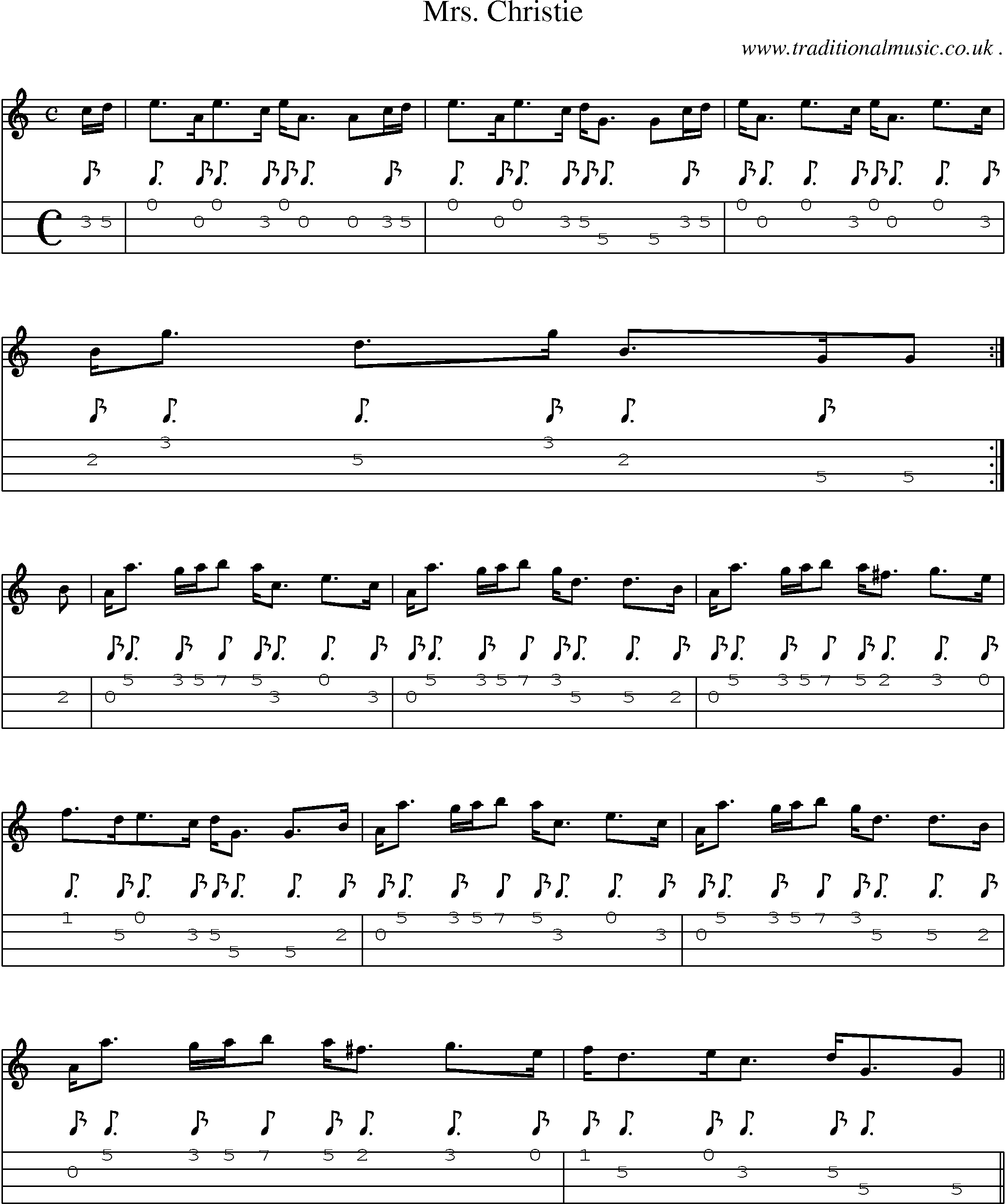 Sheet-music  score, Chords and Mandolin Tabs for Mrs Christie