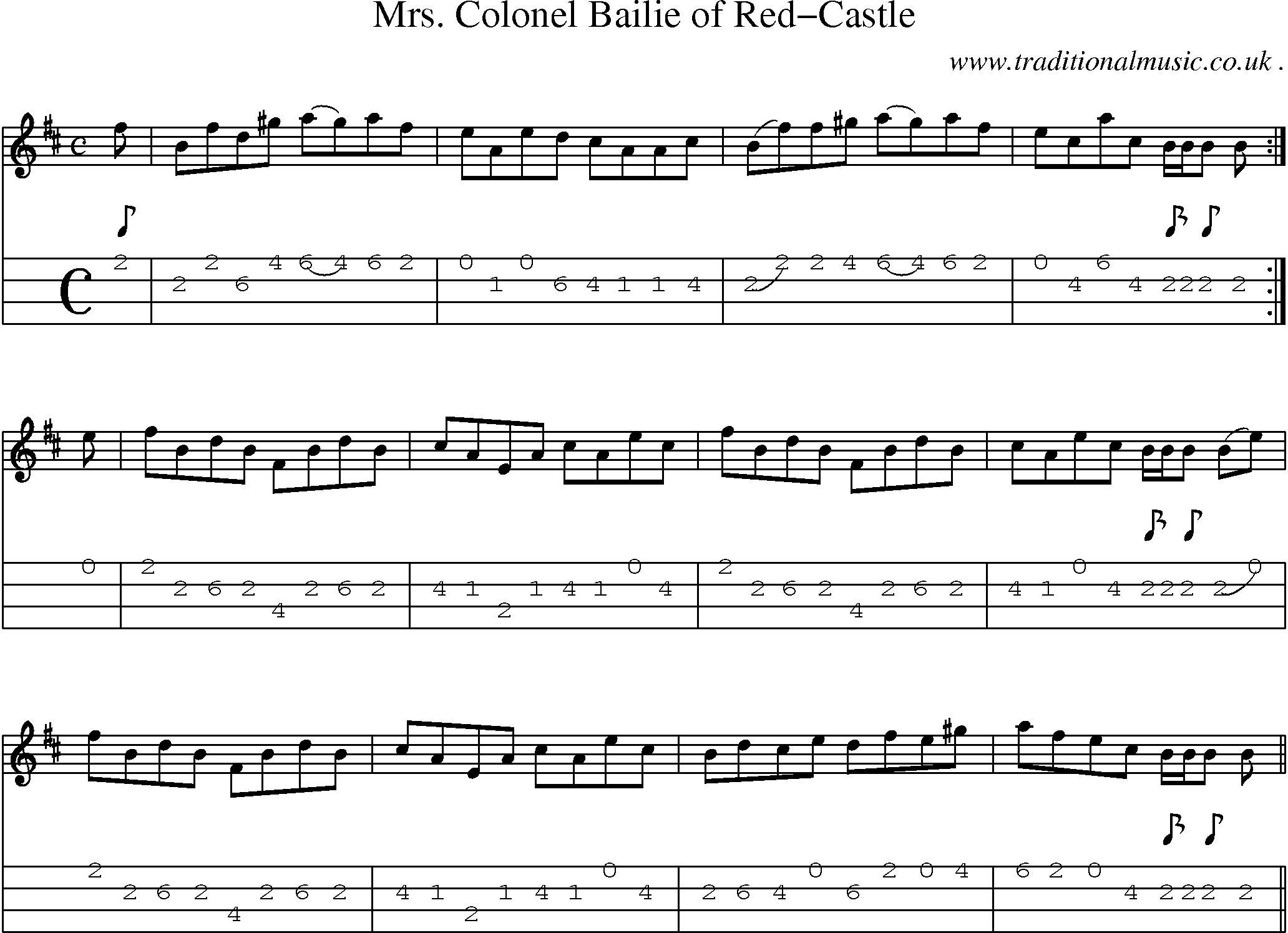 Sheet-music  score, Chords and Mandolin Tabs for Mrs Colonel Bailie Of Red-castle