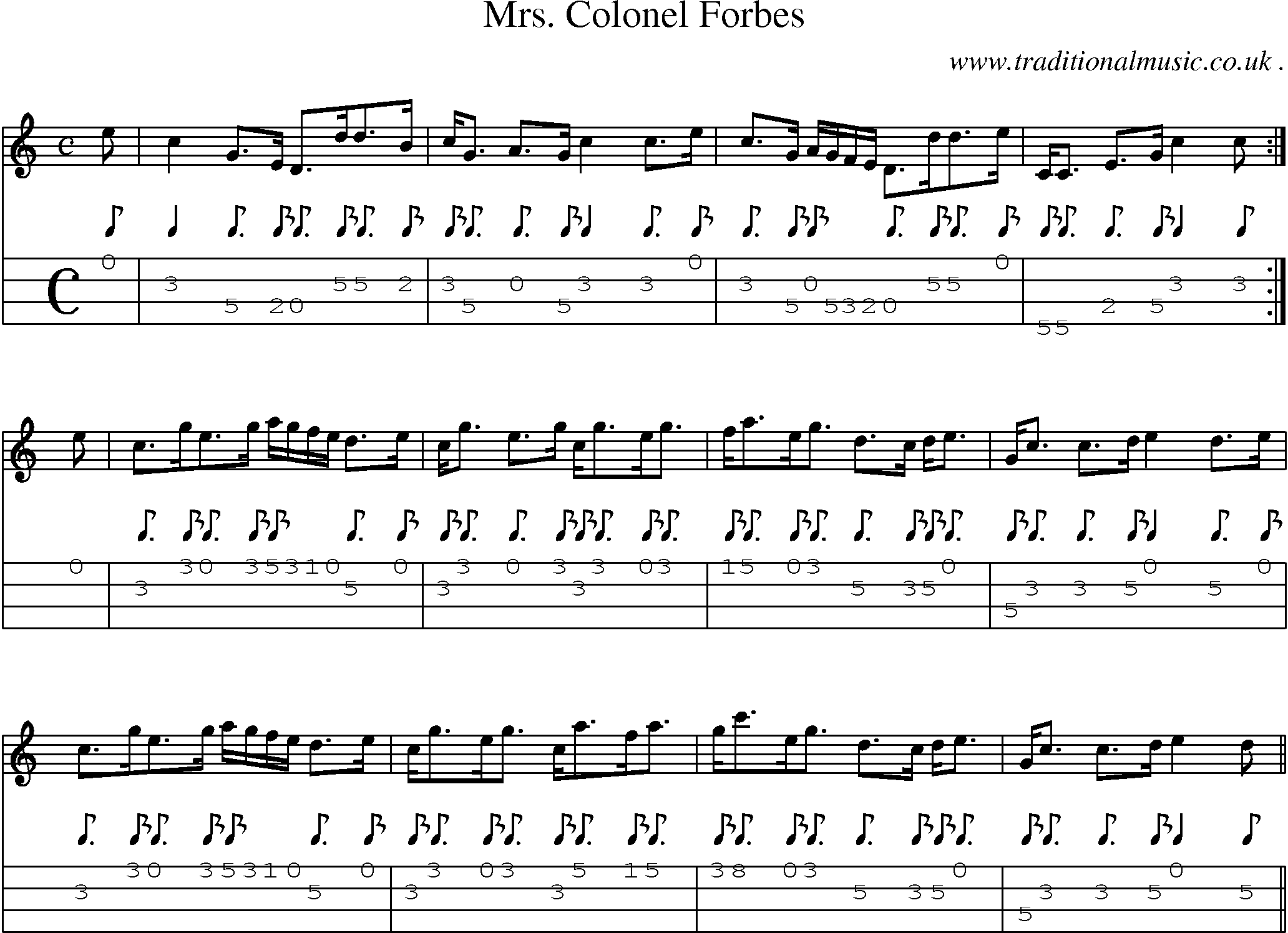 Sheet-music  score, Chords and Mandolin Tabs for Mrs Colonel Forbes
