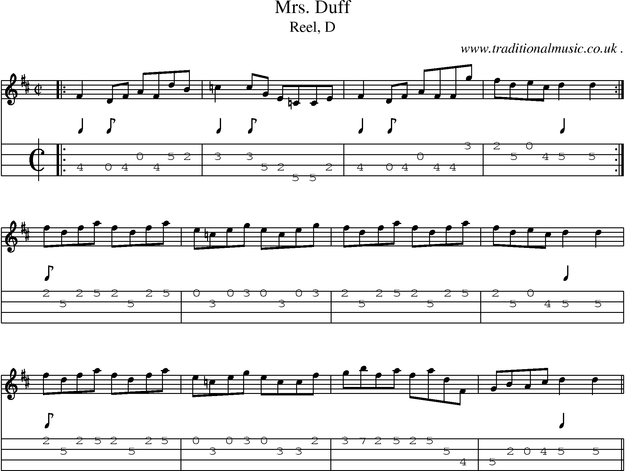 Sheet-music  score, Chords and Mandolin Tabs for Mrs Duff