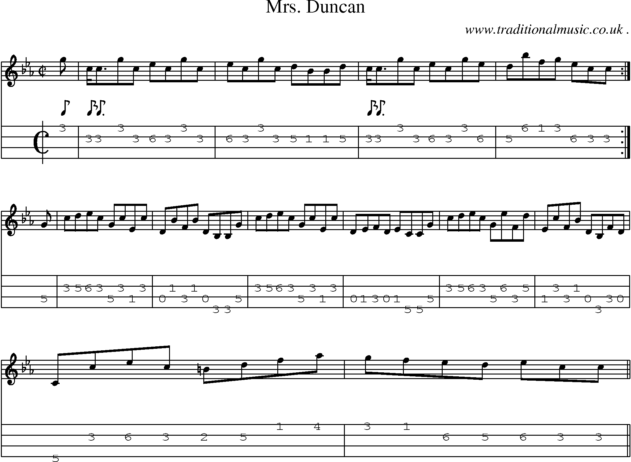 Sheet-music  score, Chords and Mandolin Tabs for Mrs Duncan