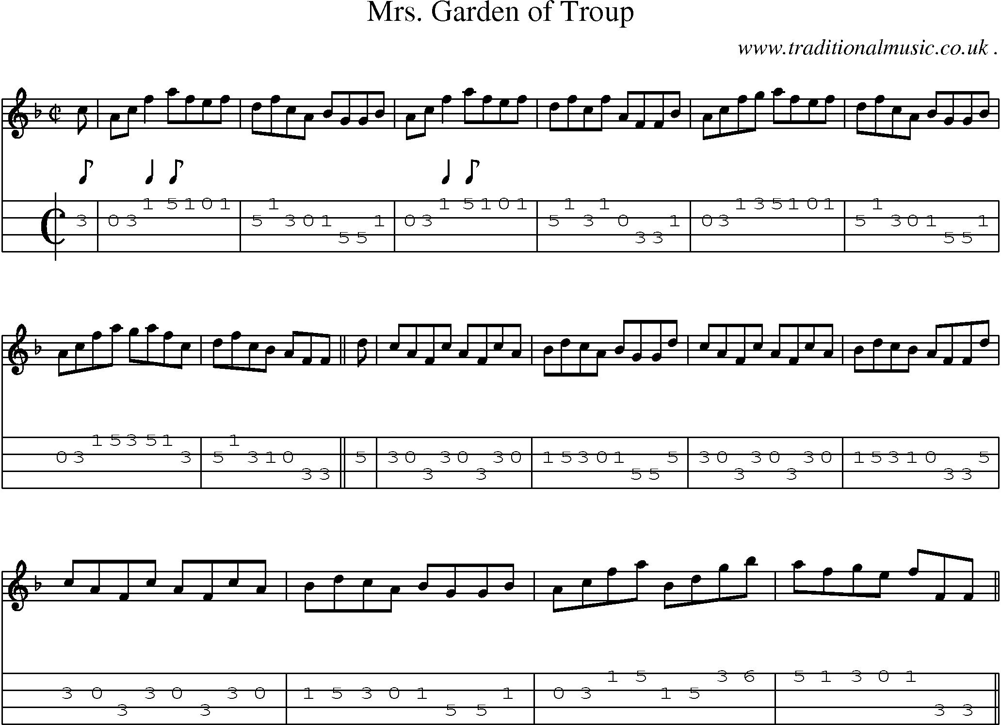 Sheet-music  score, Chords and Mandolin Tabs for Mrs Garden Of Troup