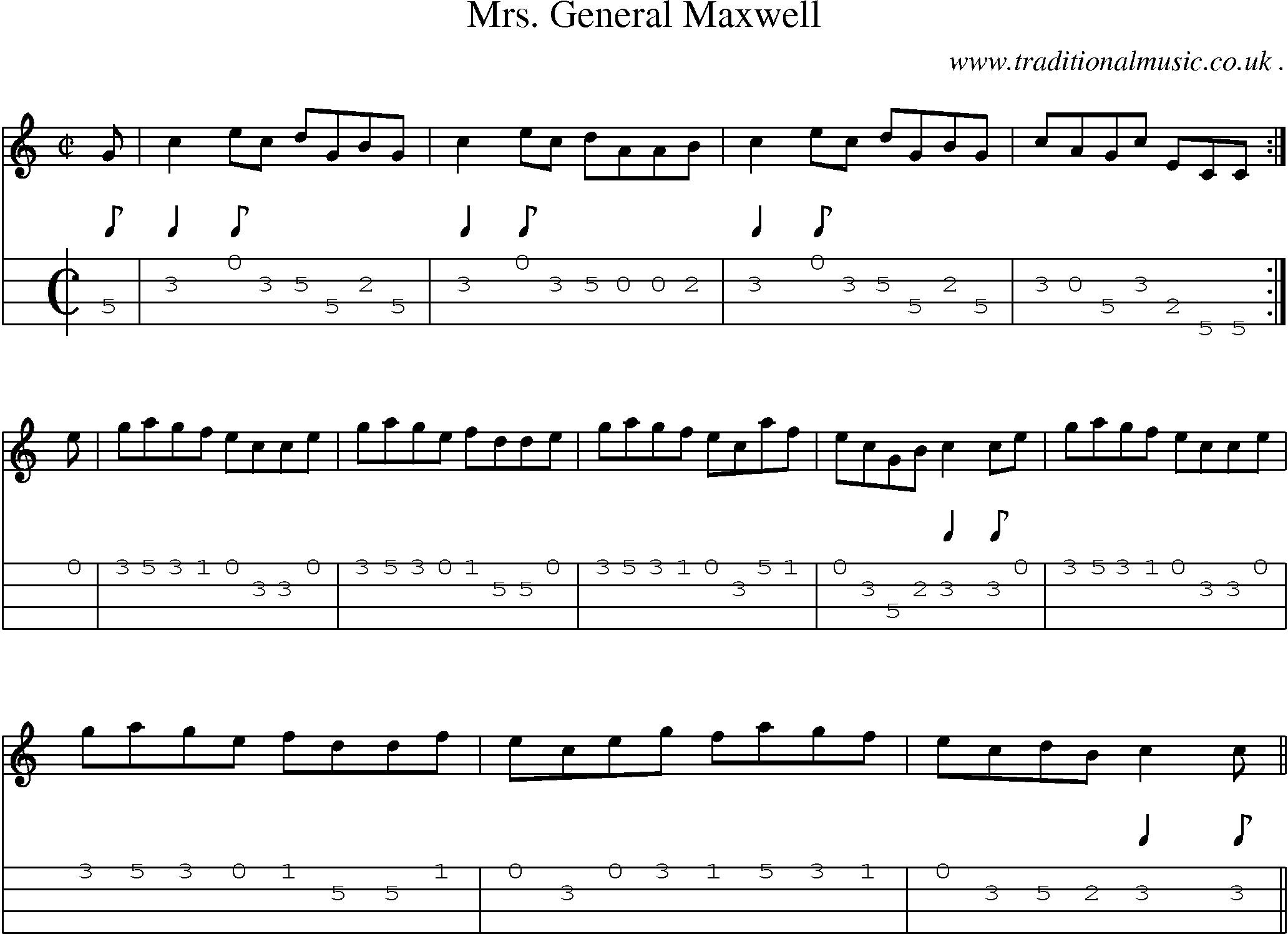 Sheet-music  score, Chords and Mandolin Tabs for Mrs General Maxwell