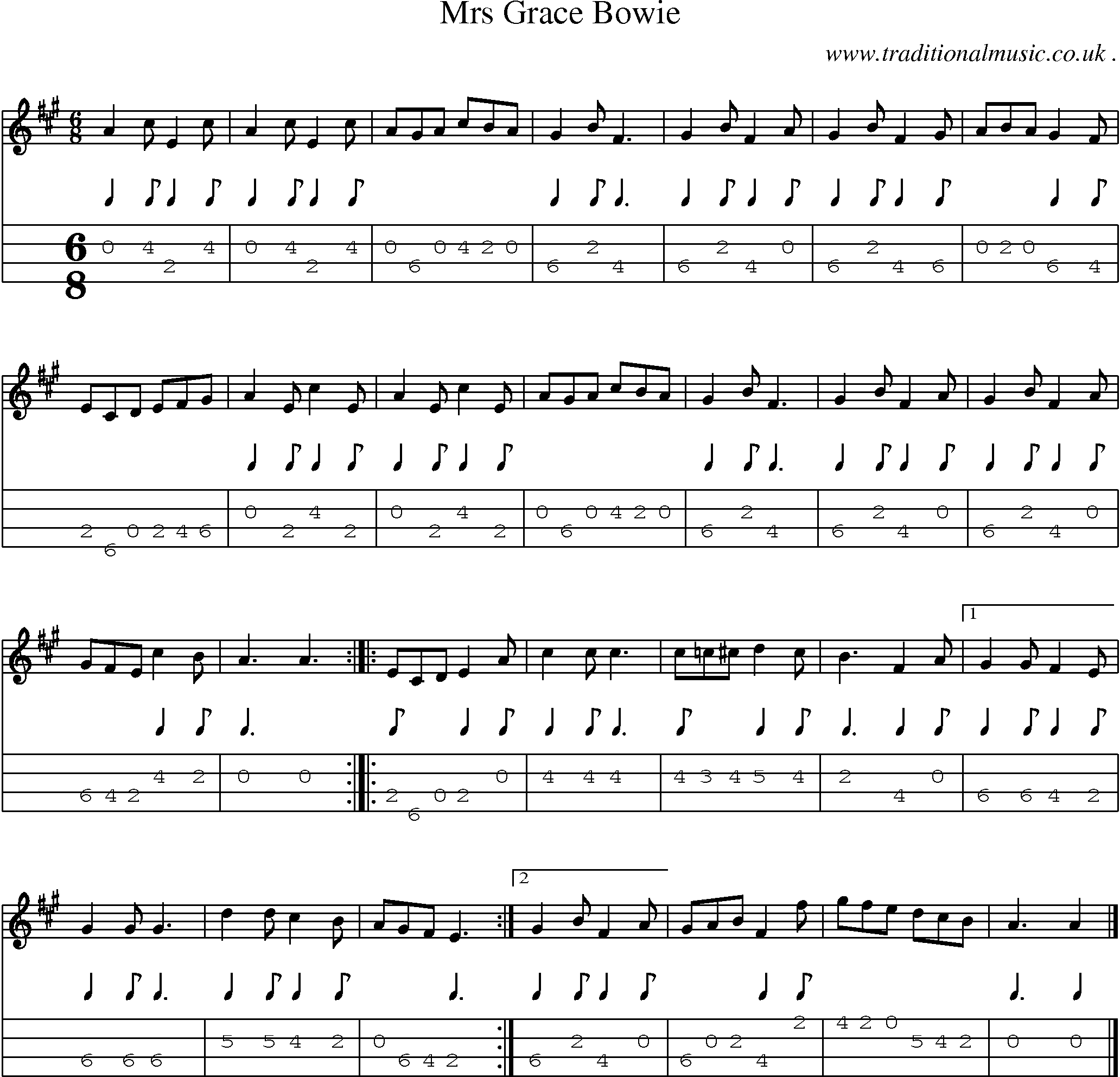 Sheet-music  score, Chords and Mandolin Tabs for Mrs Grace Bowie