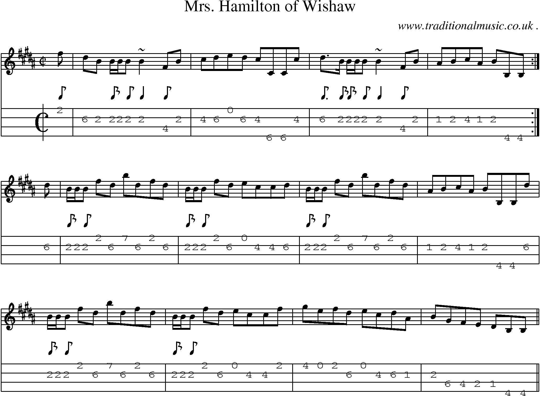 Sheet-music  score, Chords and Mandolin Tabs for Mrs Hamilton Of Wishaw