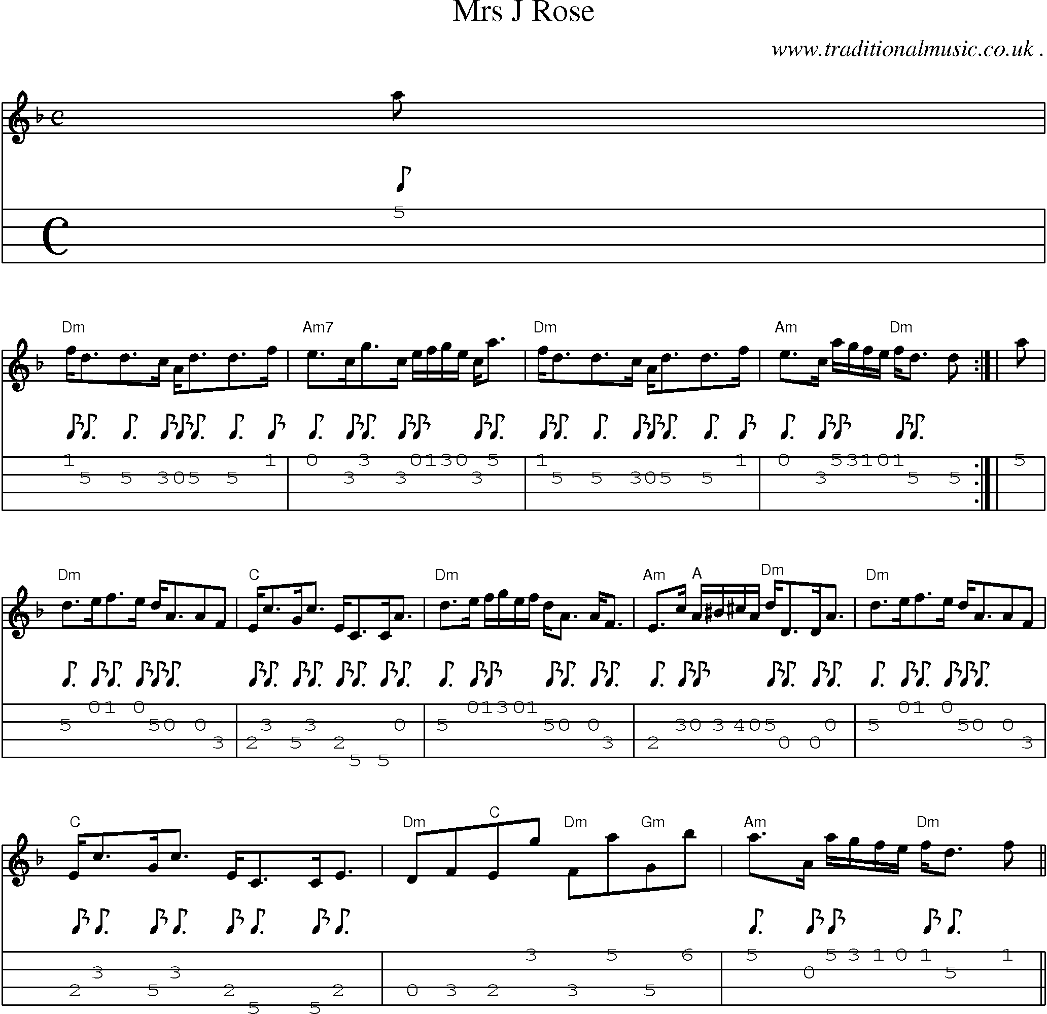 Sheet-music  score, Chords and Mandolin Tabs for Mrs J Rose