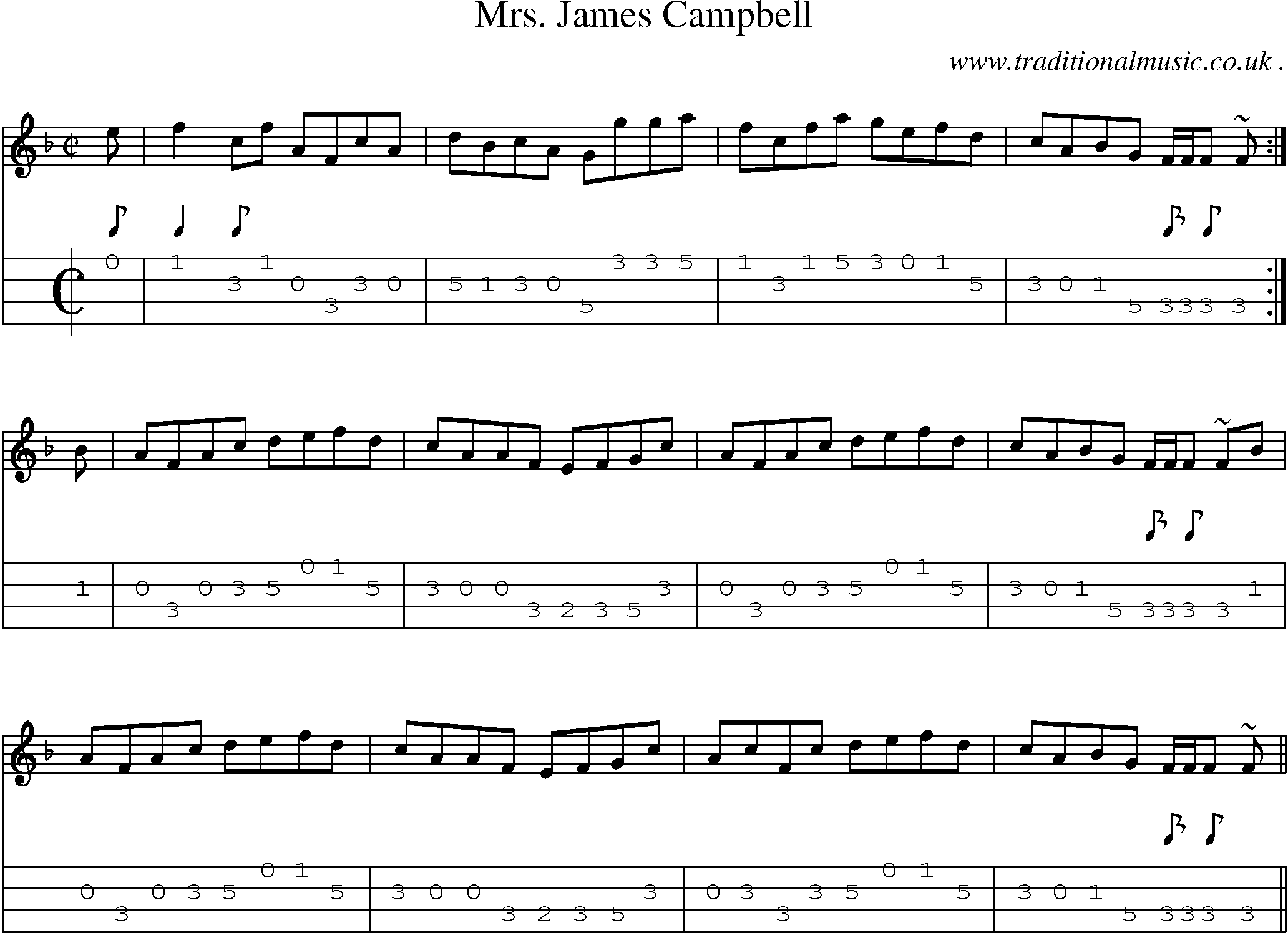 Sheet-music  score, Chords and Mandolin Tabs for Mrs James Campbell