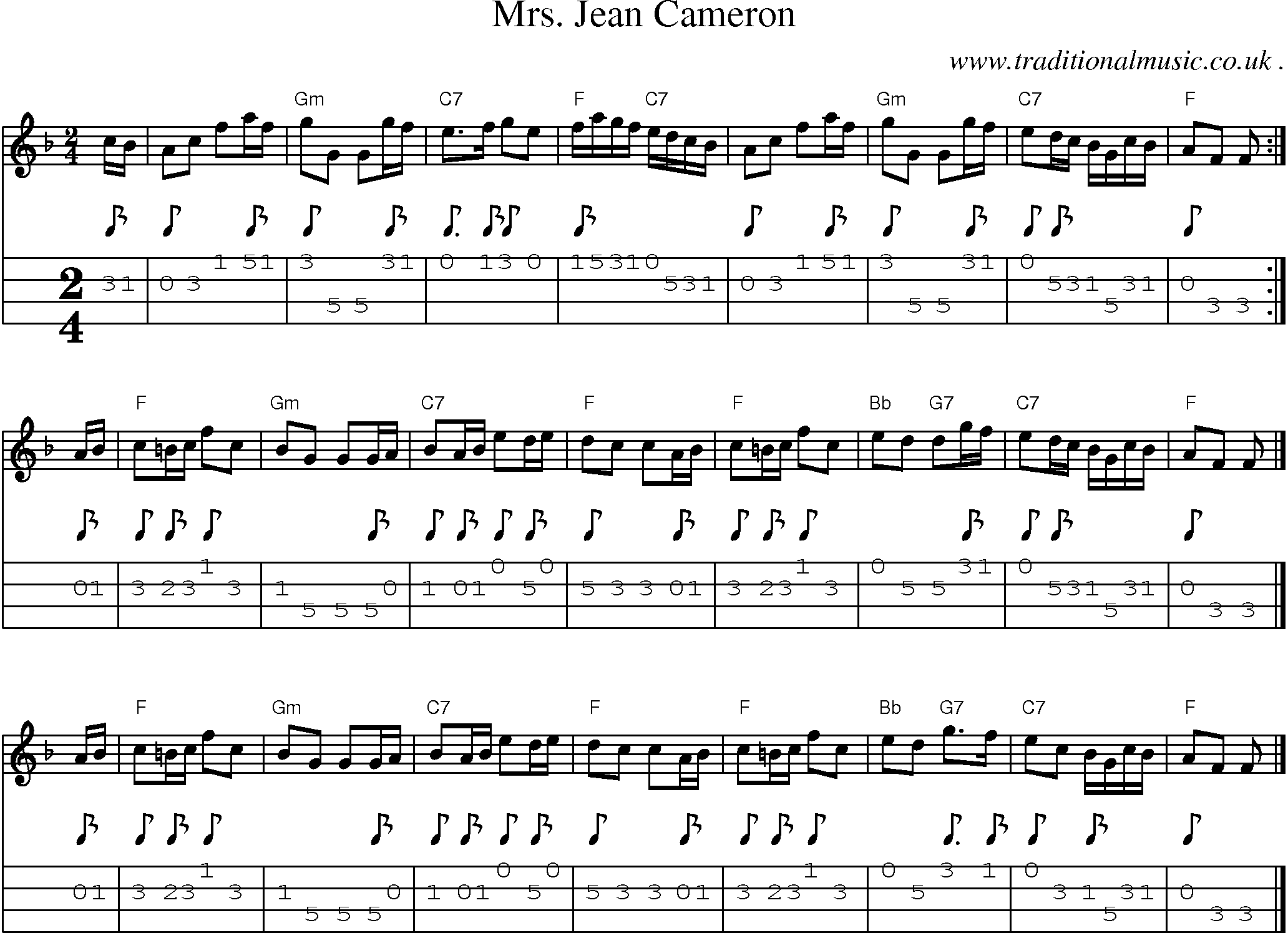Sheet-music  score, Chords and Mandolin Tabs for Mrs Jean Cameron