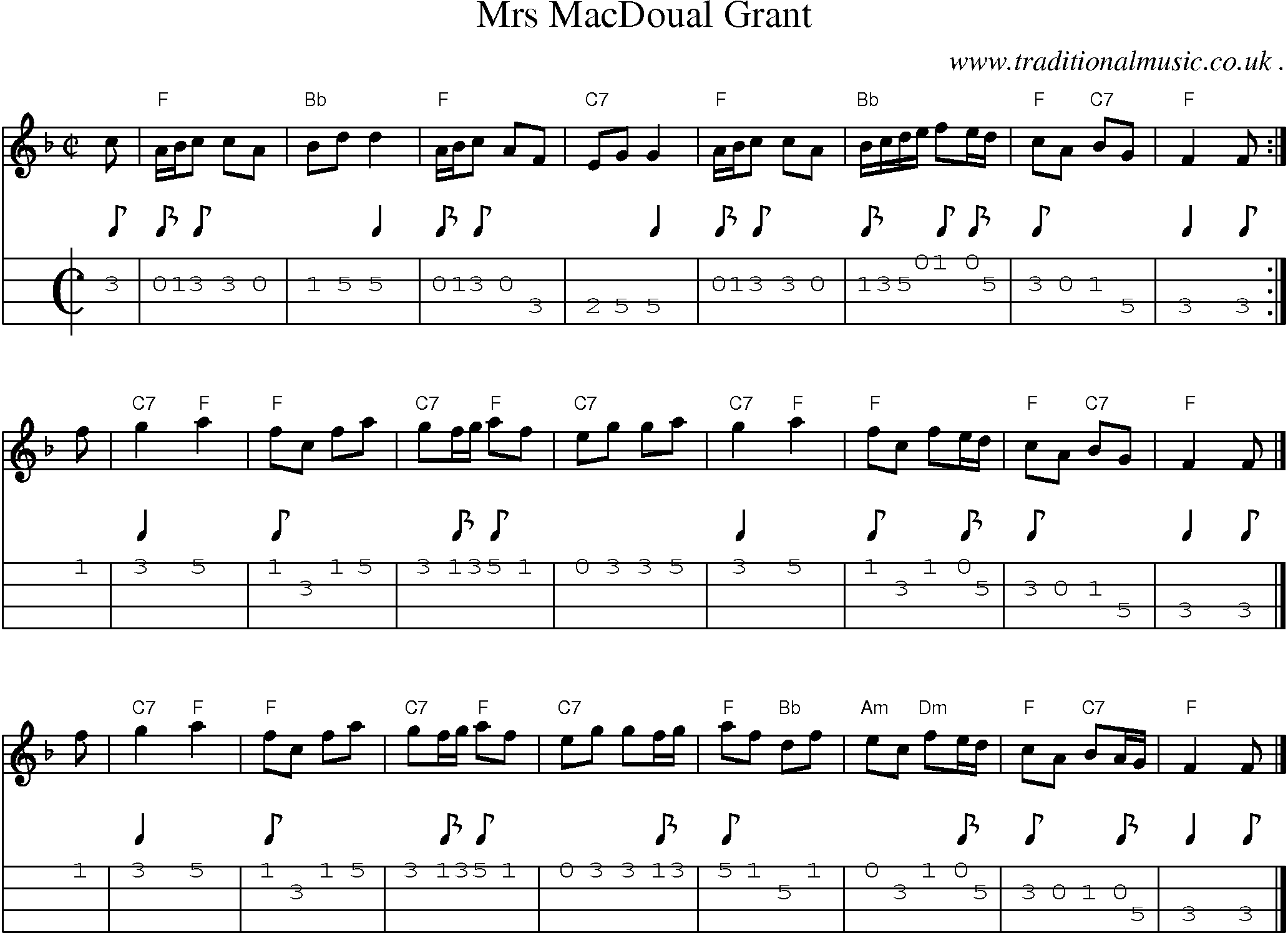 Sheet-music  score, Chords and Mandolin Tabs for Mrs Macdoual Grant