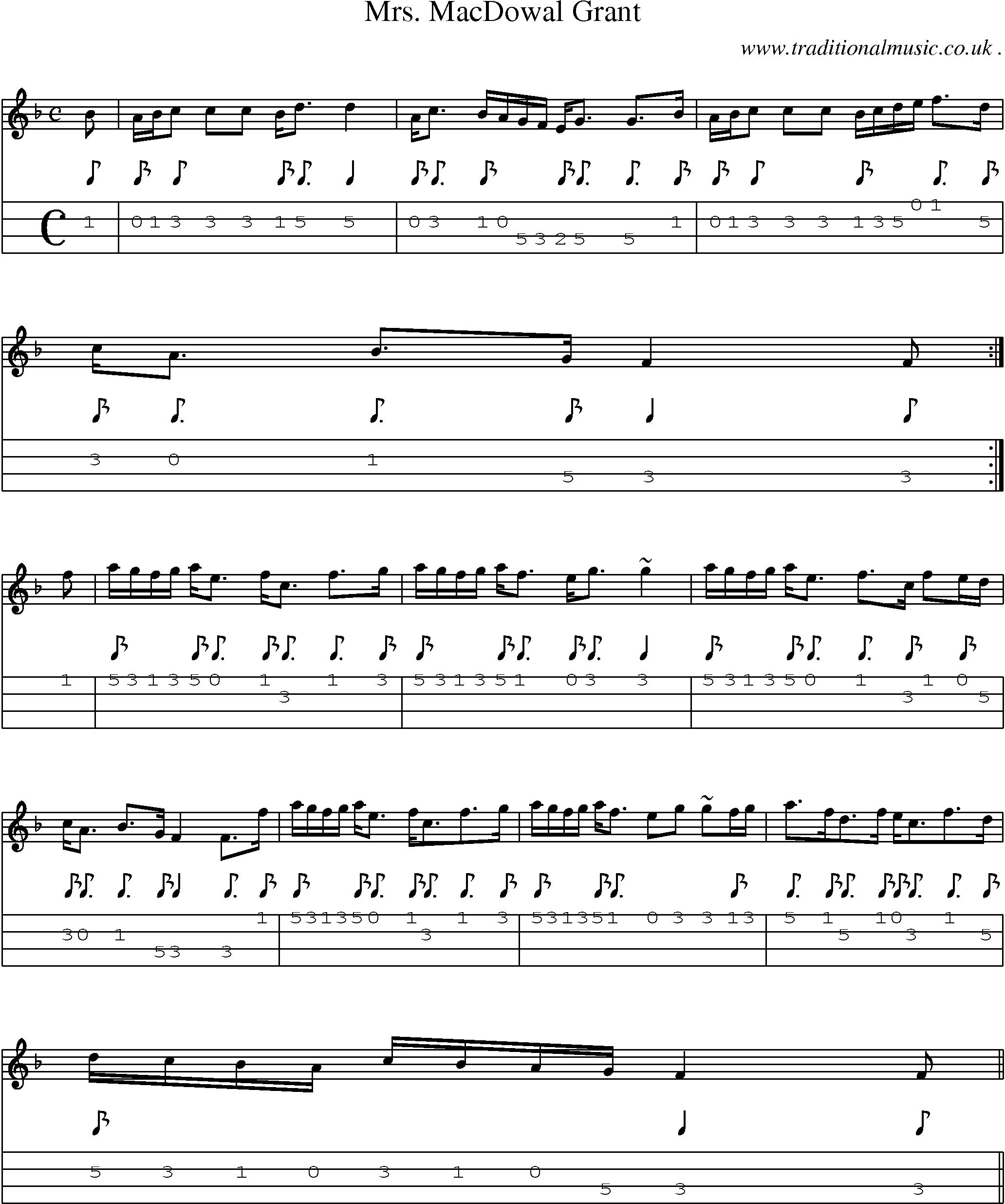 Sheet-music  score, Chords and Mandolin Tabs for Mrs Macdowal Grant
