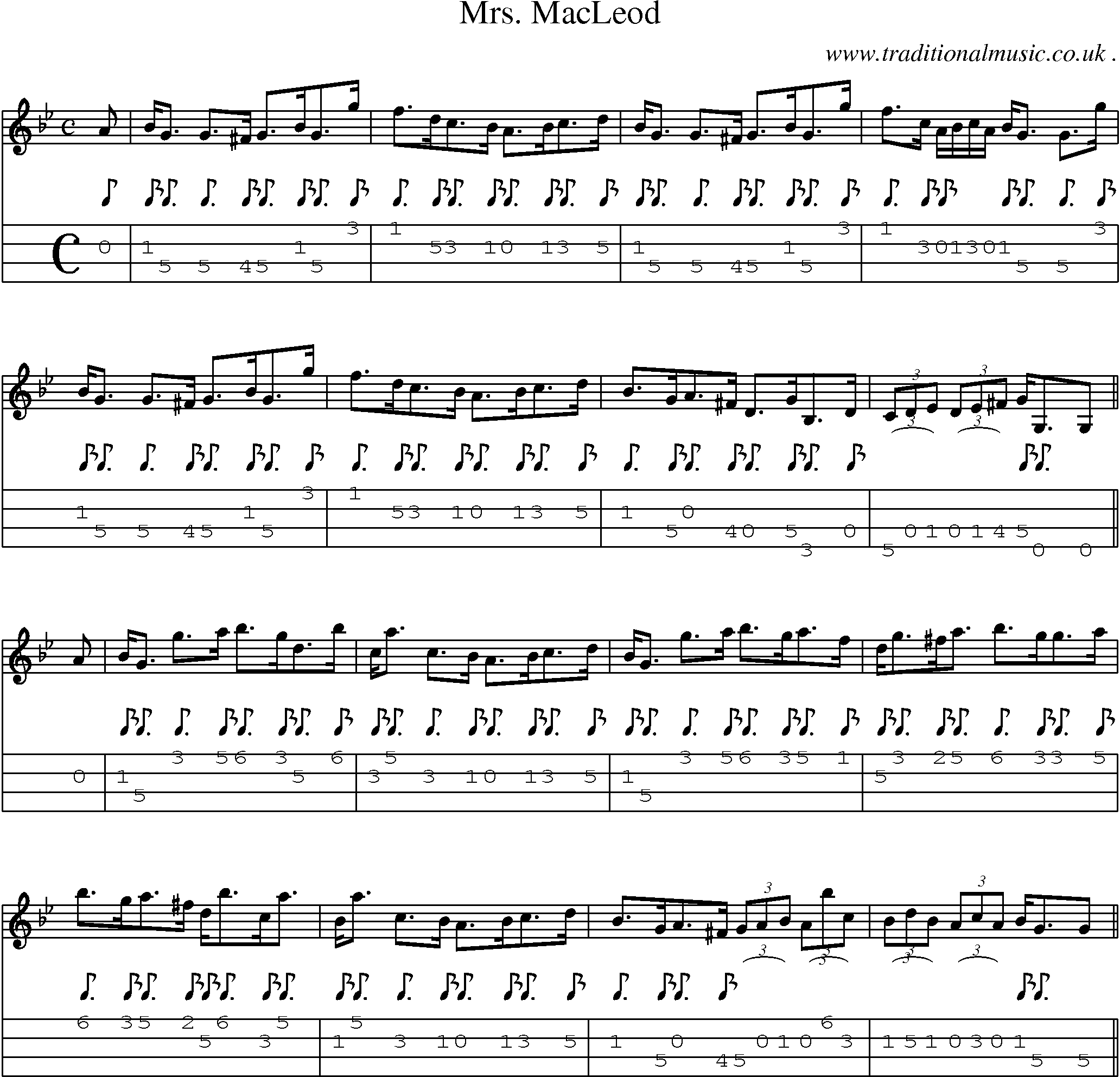 Sheet-music  score, Chords and Mandolin Tabs for Mrs Macleod