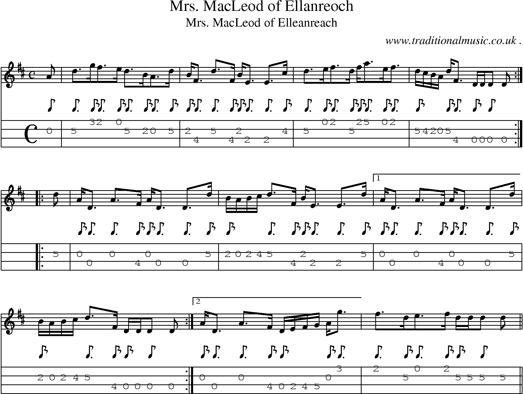Sheet-music  score, Chords and Mandolin Tabs for Mrs Macleod Of Ellanreoch