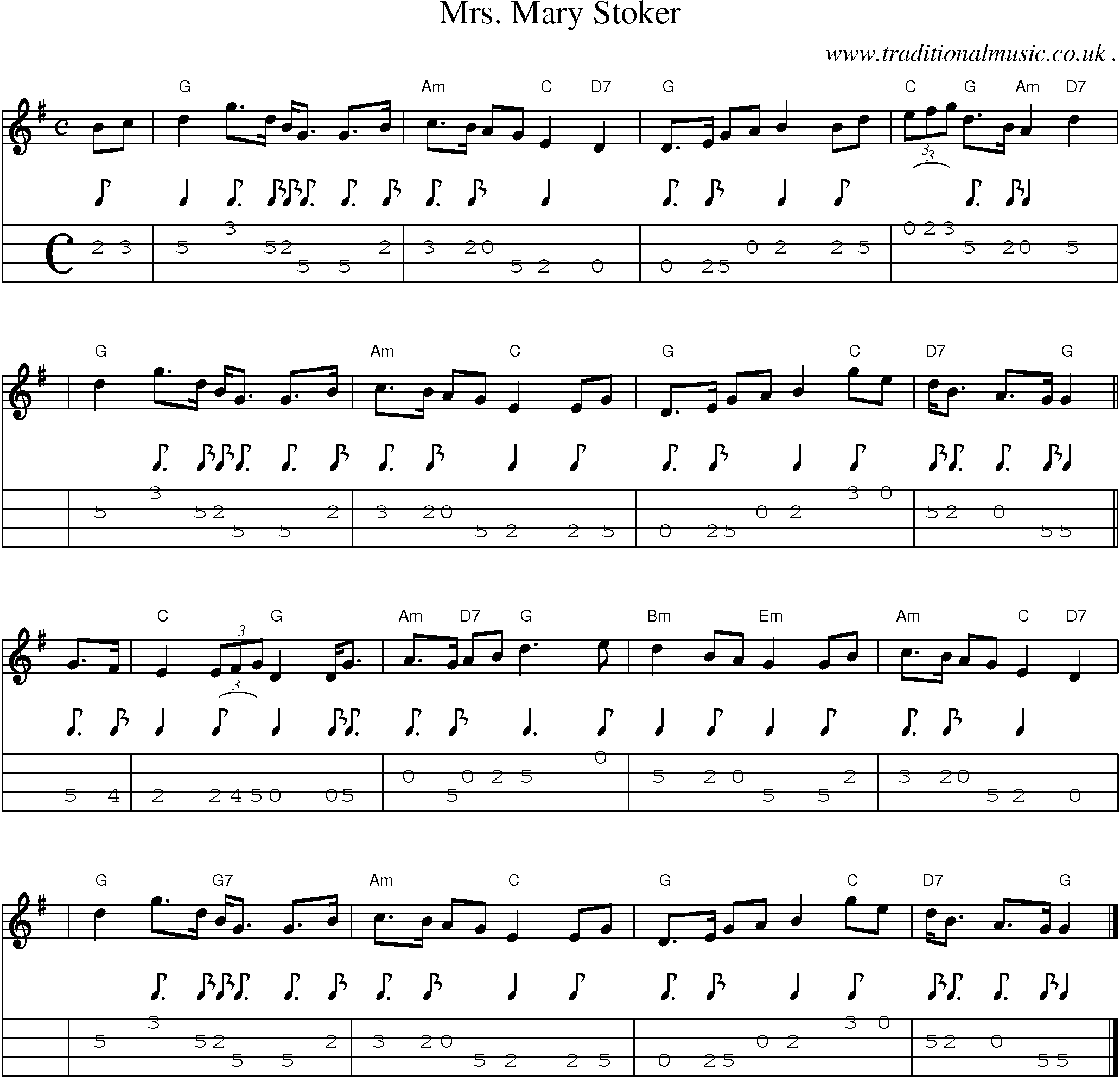 Sheet-music  score, Chords and Mandolin Tabs for Mrs Mary Stoker
