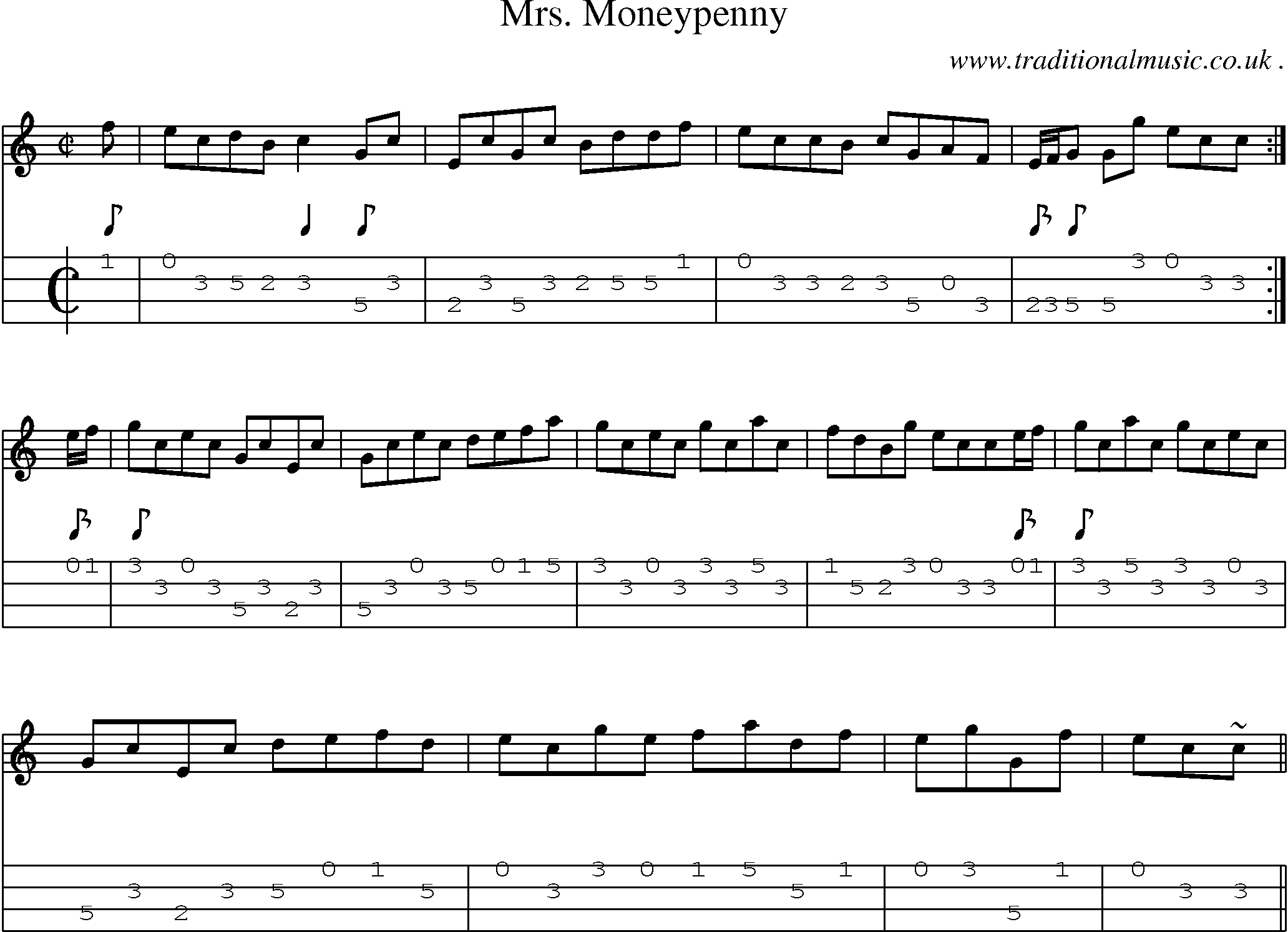 Sheet-music  score, Chords and Mandolin Tabs for Mrs Moneypenny