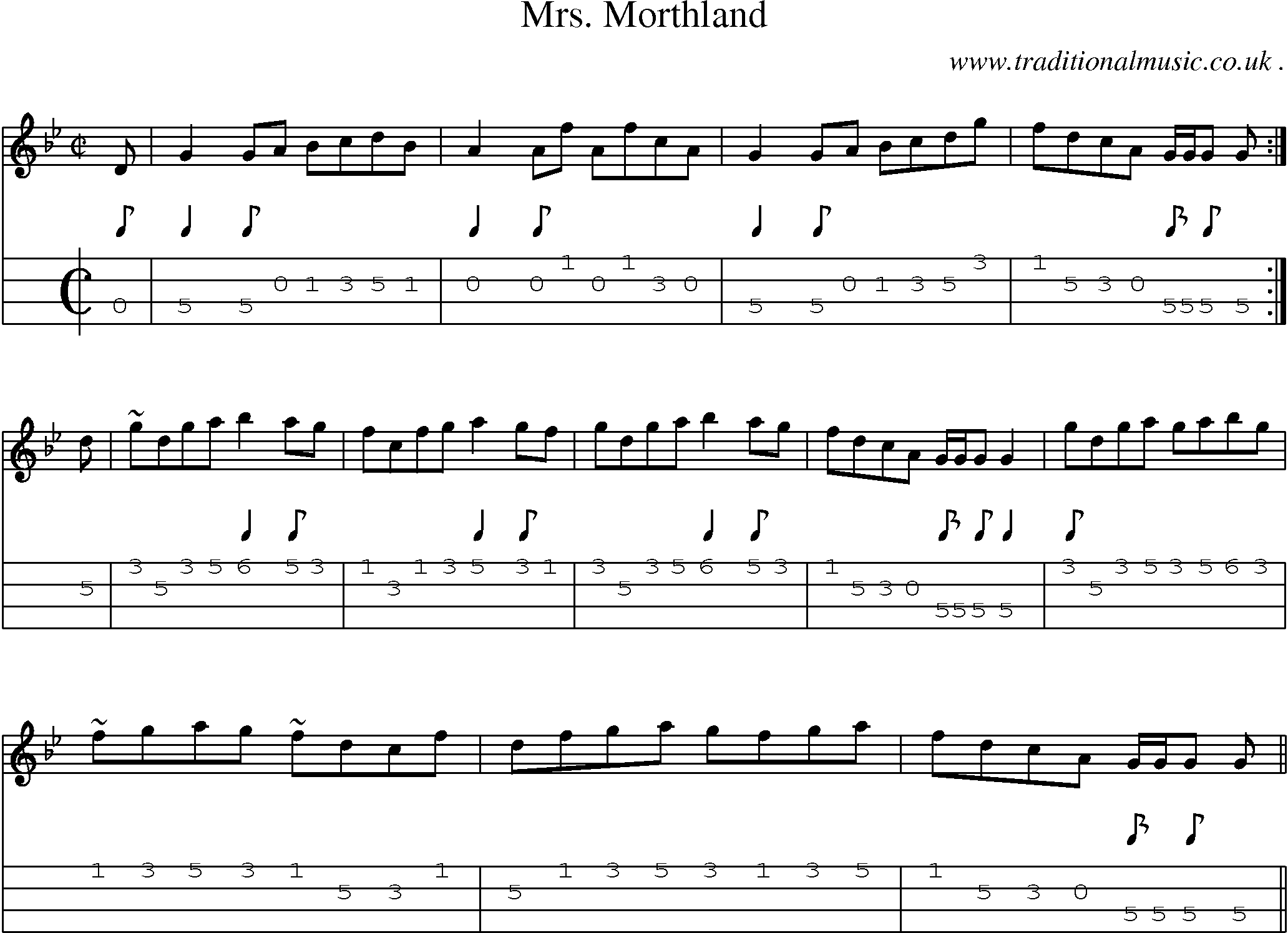 Sheet-music  score, Chords and Mandolin Tabs for Mrs Morthland