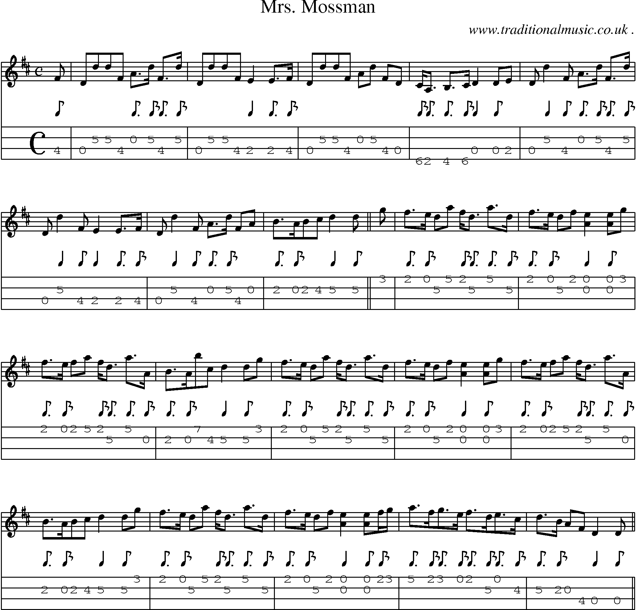 Sheet-music  score, Chords and Mandolin Tabs for Mrs Mossman