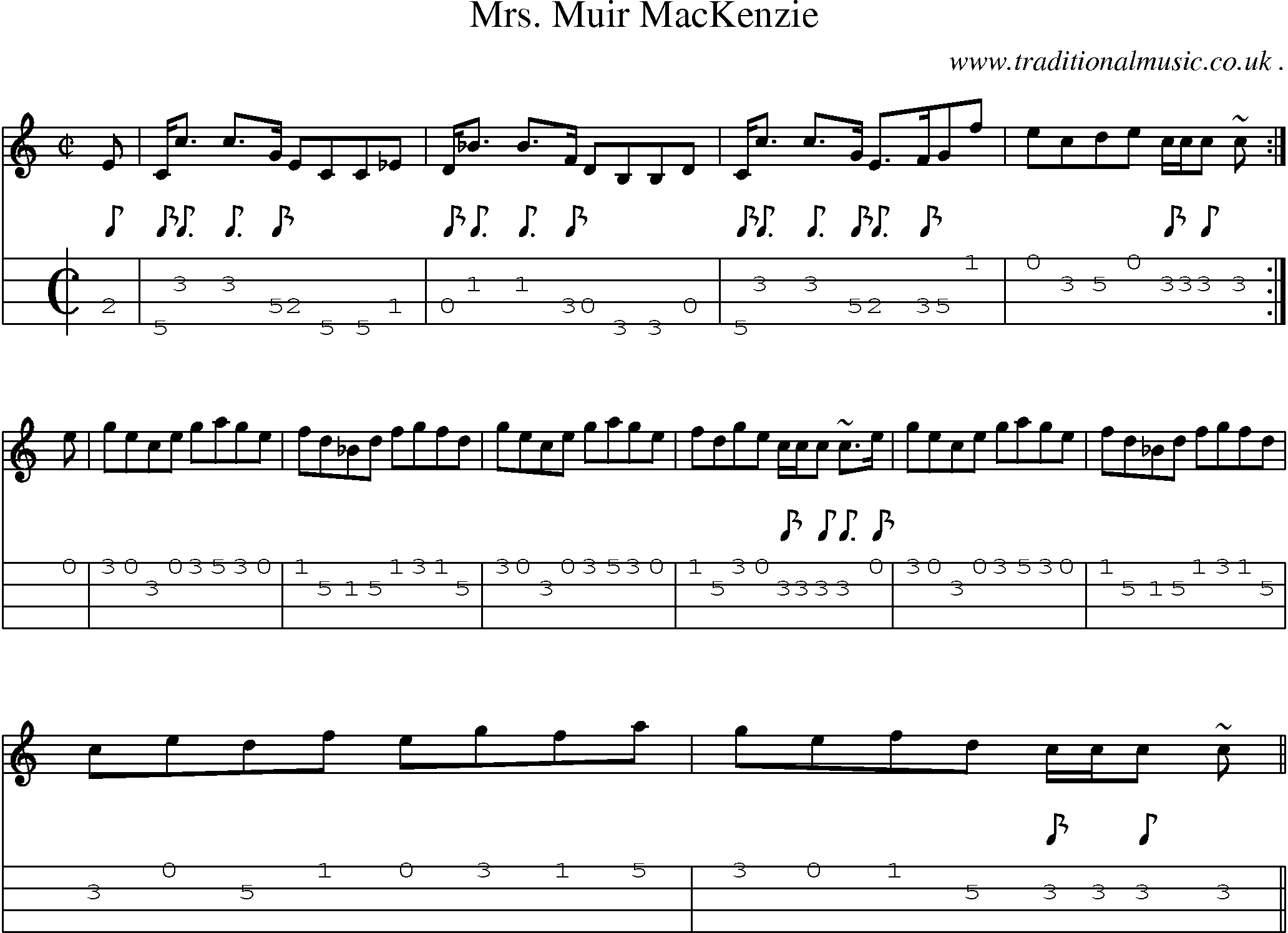 Sheet-music  score, Chords and Mandolin Tabs for Mrs Muir Mackenzie