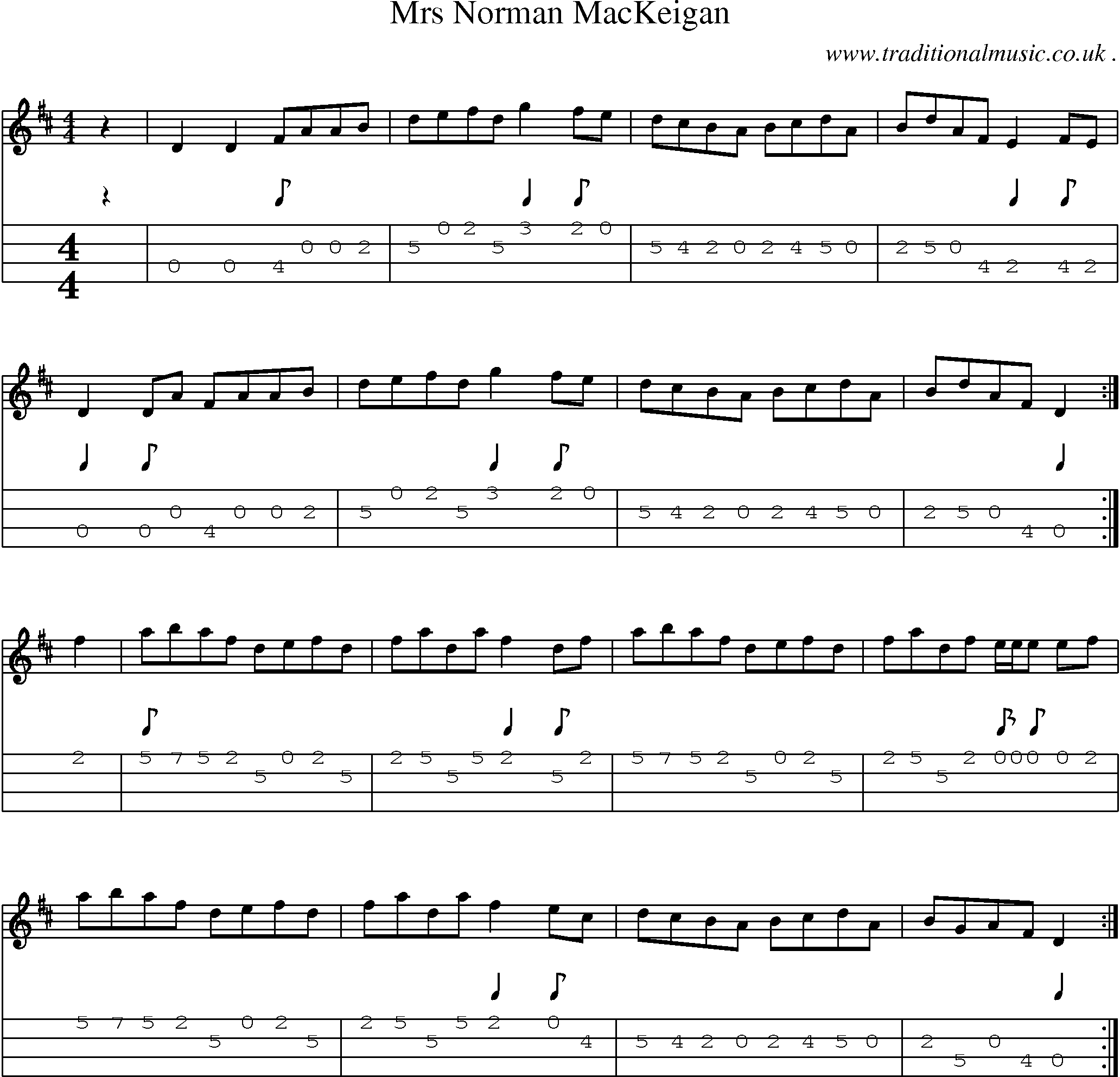 Sheet-music  score, Chords and Mandolin Tabs for Mrs Norman Mackeigan