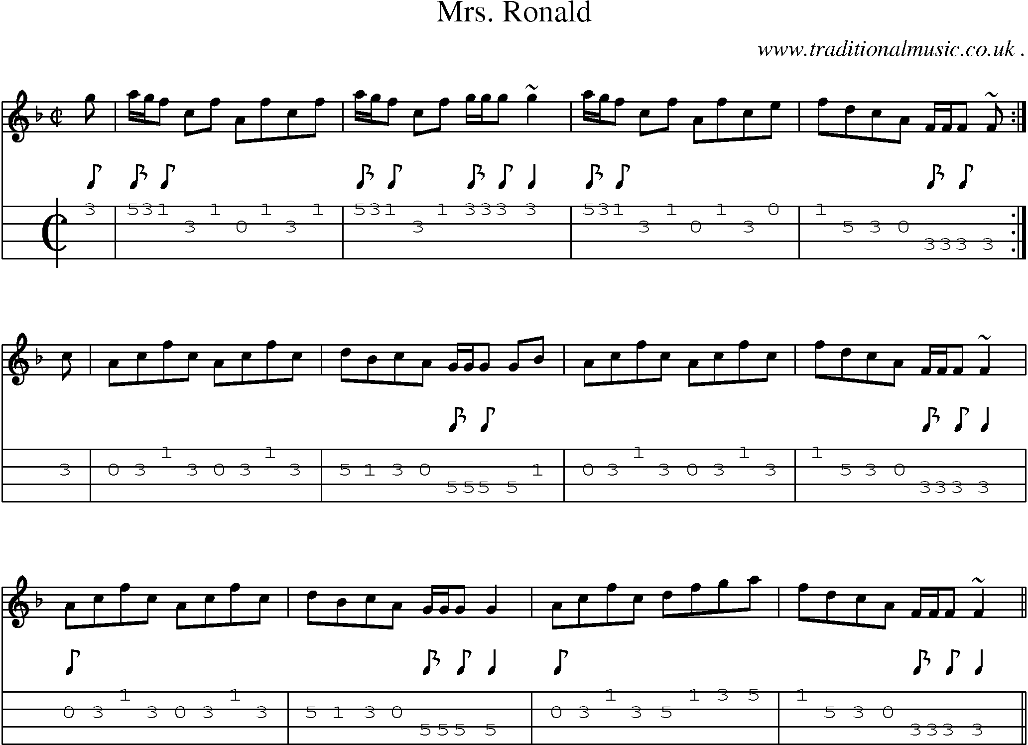Sheet-music  score, Chords and Mandolin Tabs for Mrs Ronald
