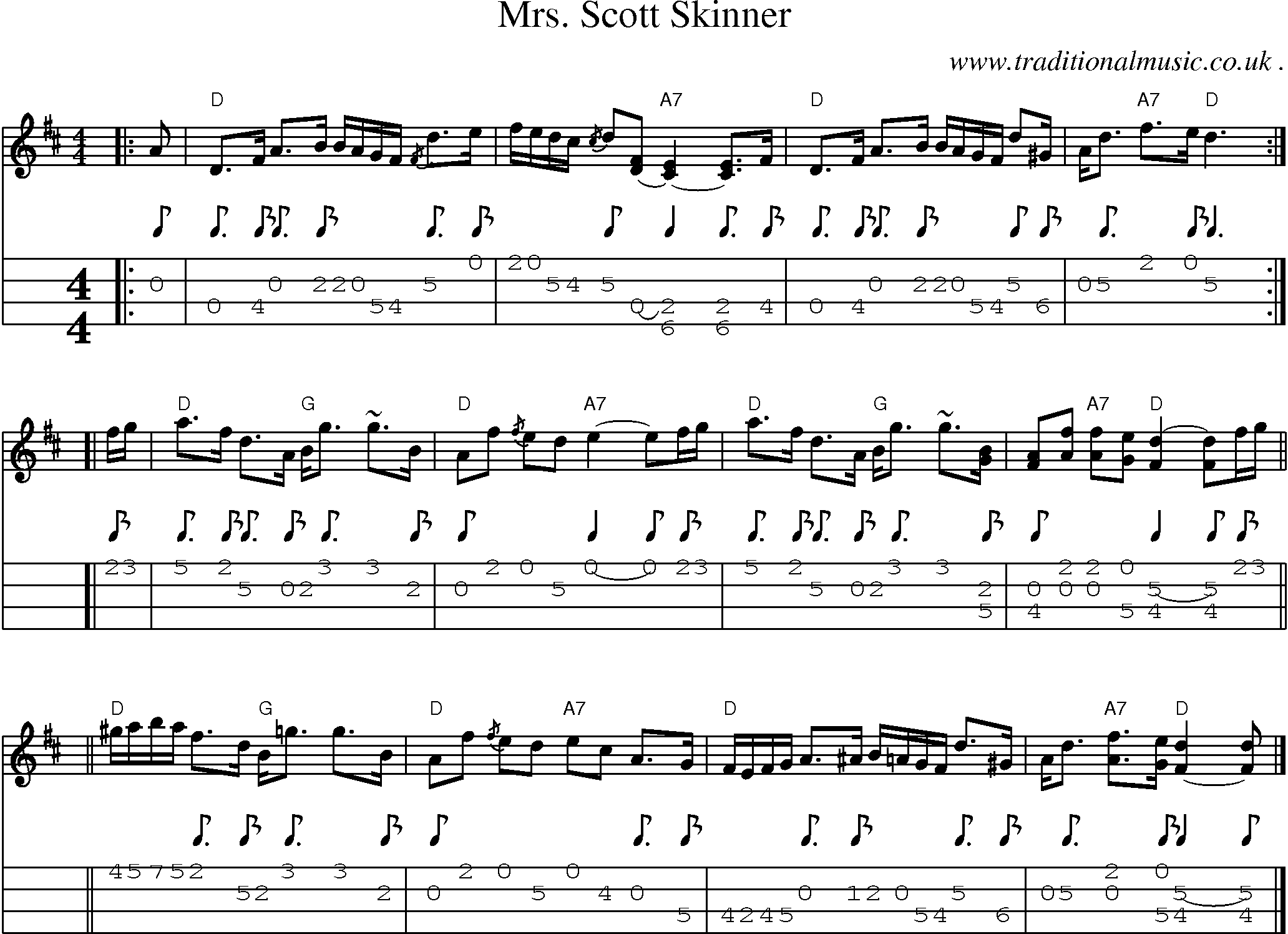 Sheet-music  score, Chords and Mandolin Tabs for Mrs Scott Skinner