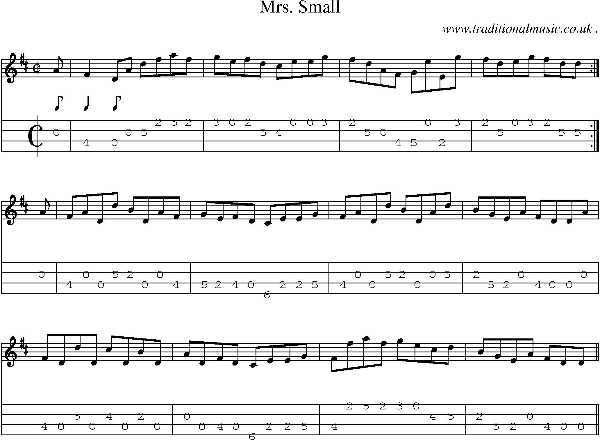 Sheet-music  score, Chords and Mandolin Tabs for Mrs Small