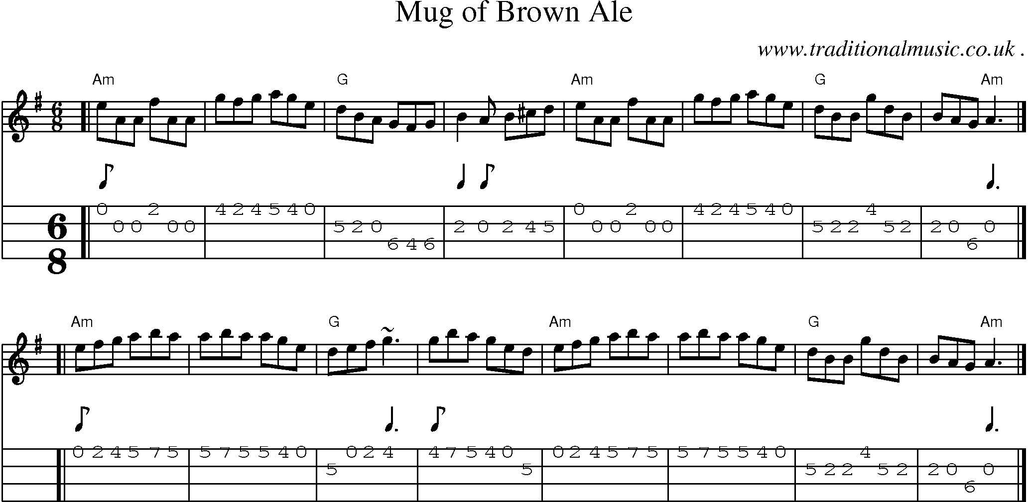 Sheet-music  score, Chords and Mandolin Tabs for Mug Of Brown Ale