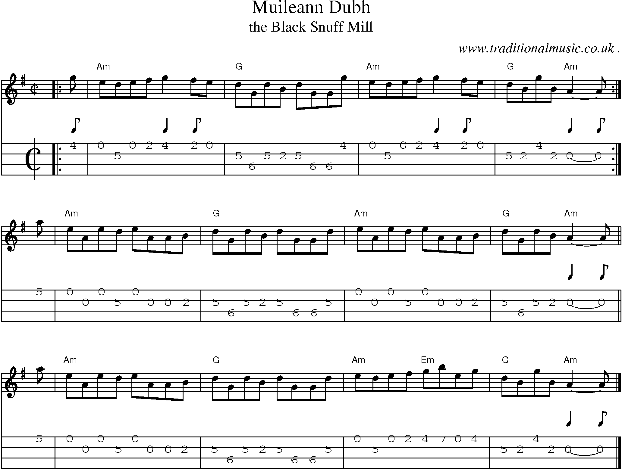 Sheet-music  score, Chords and Mandolin Tabs for Muileann Dubh