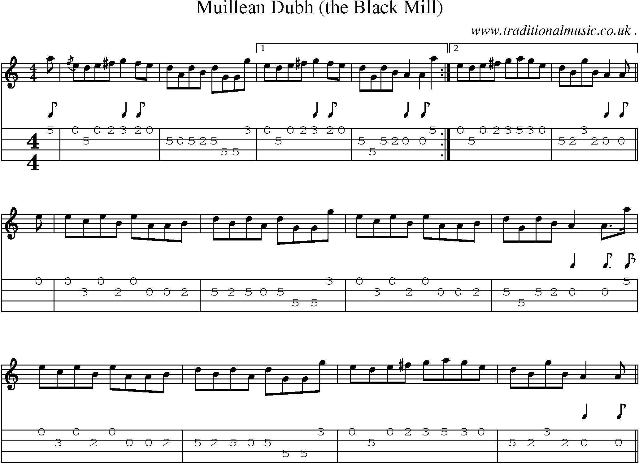 Sheet-music  score, Chords and Mandolin Tabs for Muillean Dubh The Black Mill