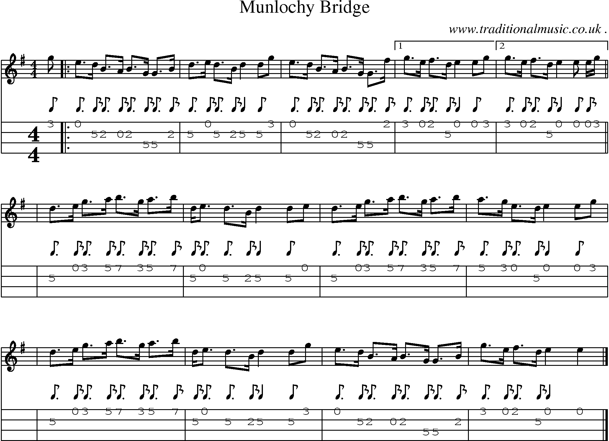 Sheet-music  score, Chords and Mandolin Tabs for Munlochy Bridge
