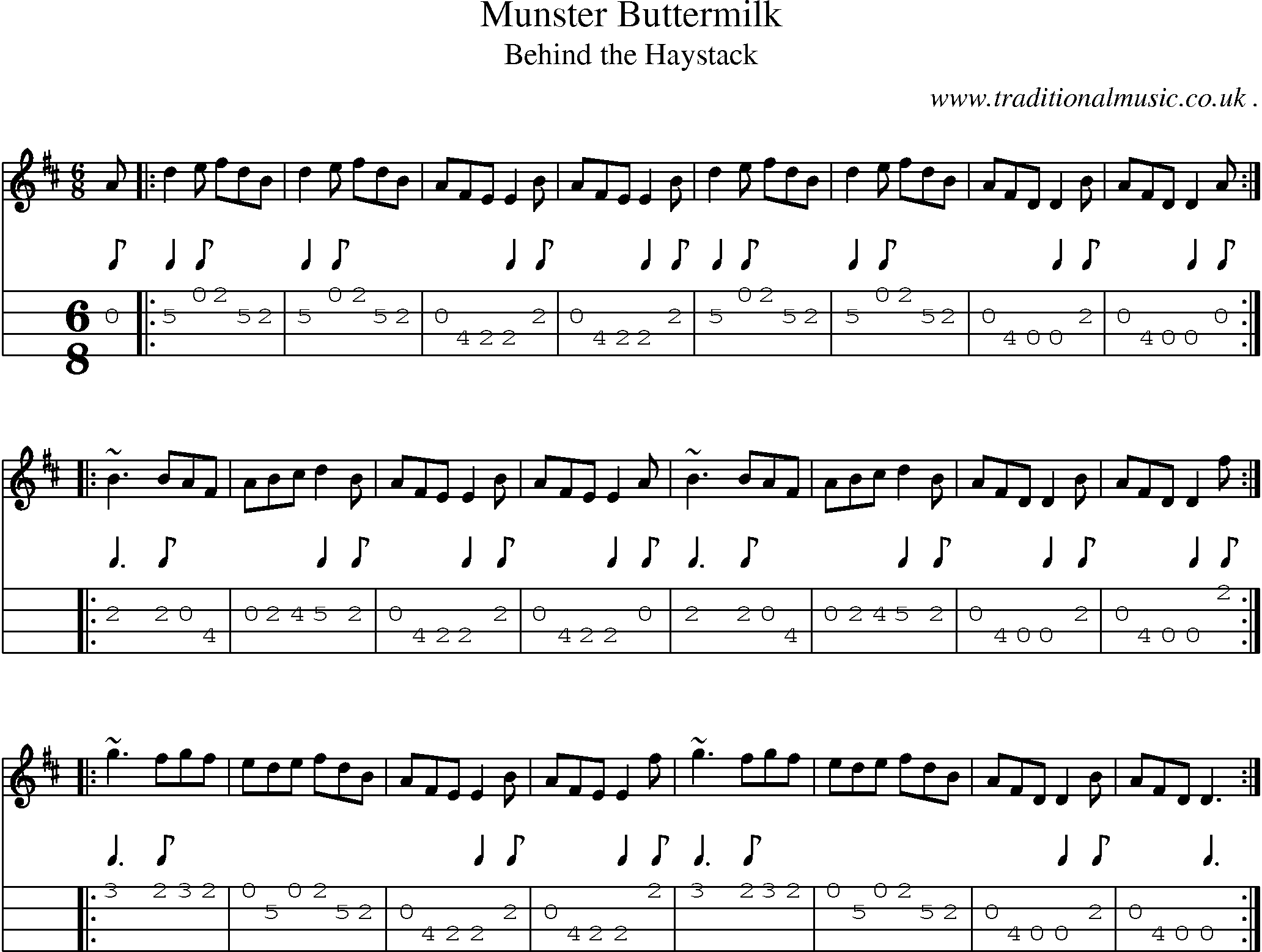 Sheet-music  score, Chords and Mandolin Tabs for Munster Buttermilk