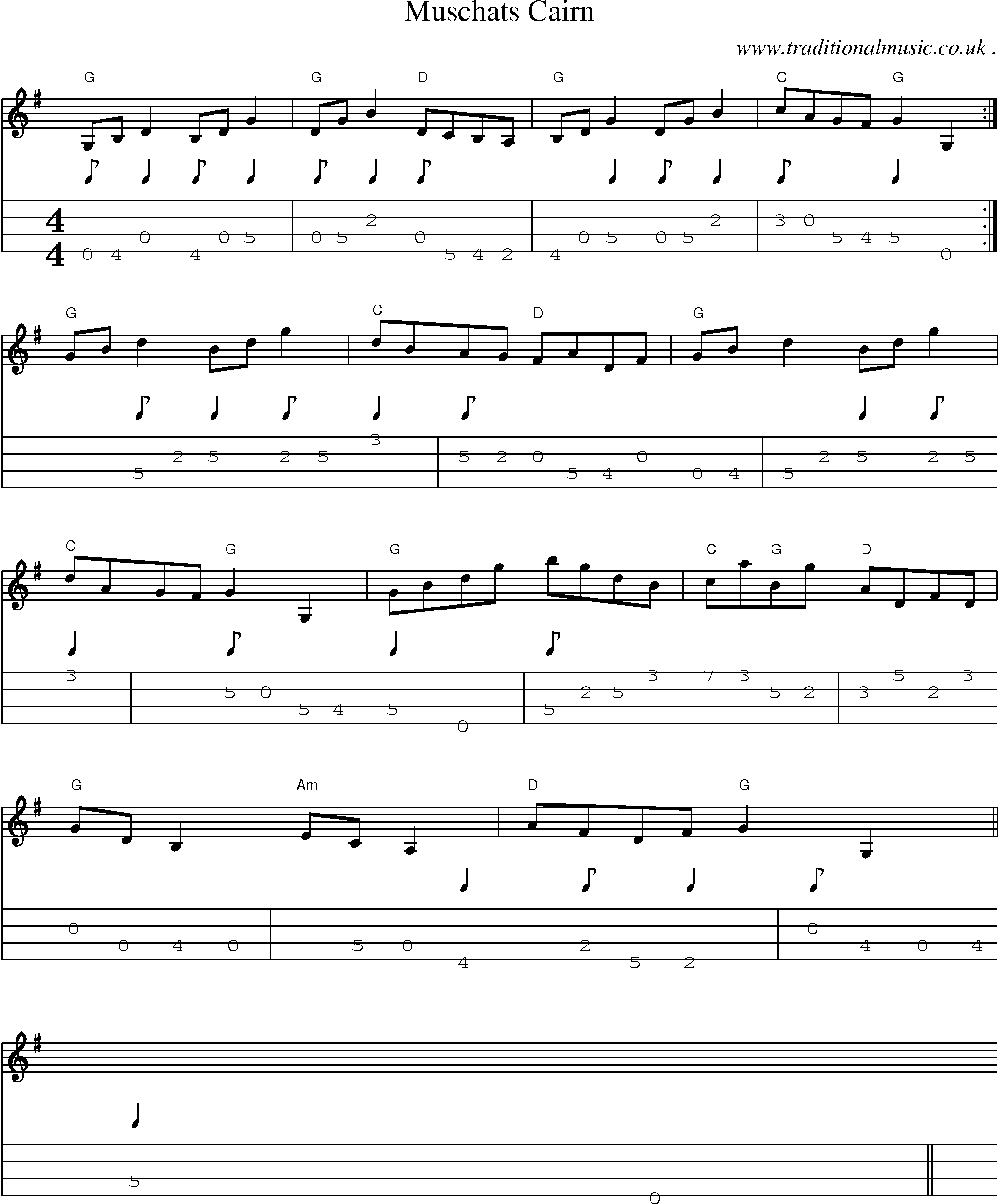 Sheet-music  score, Chords and Mandolin Tabs for Muschats Cairn