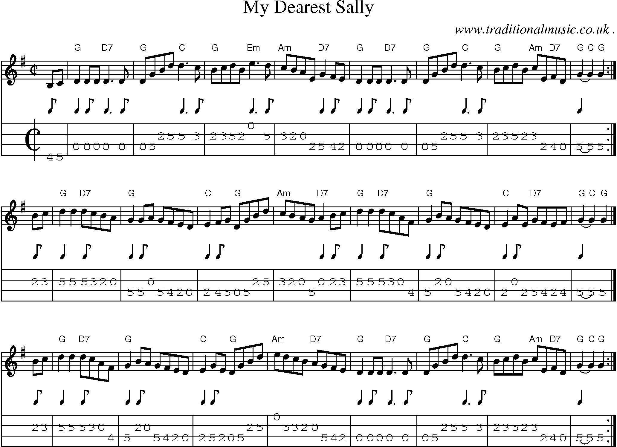Sheet-music  score, Chords and Mandolin Tabs for My Dearest Sally