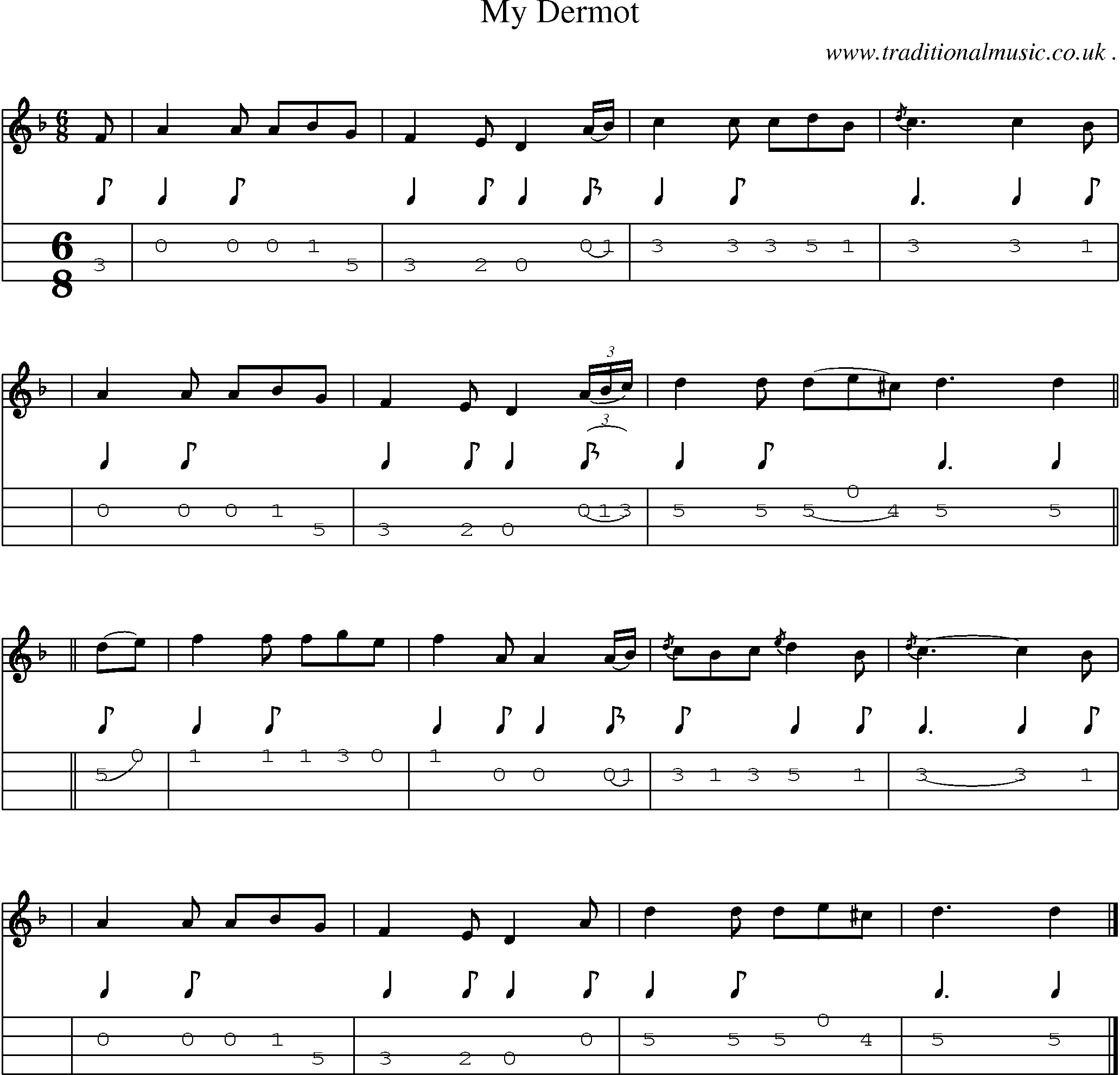 Sheet-music  score, Chords and Mandolin Tabs for My Dermot