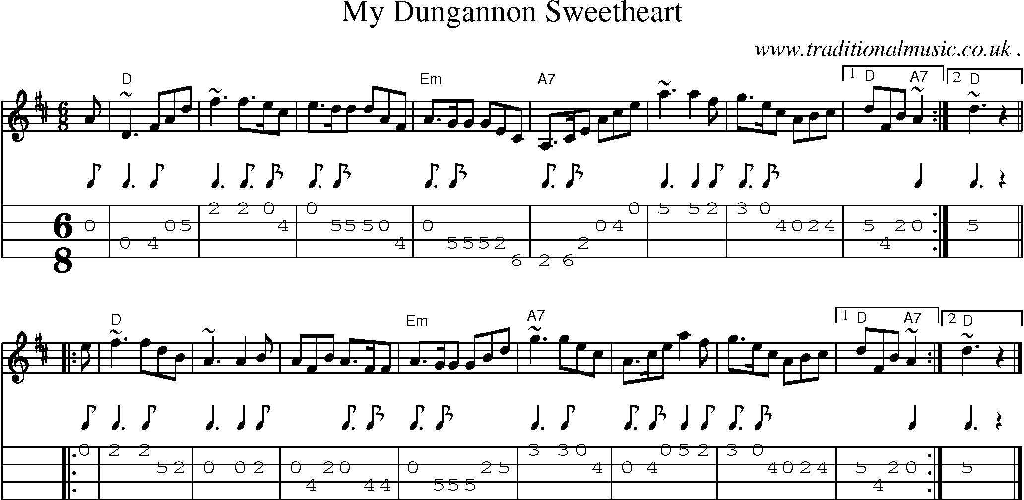 Sheet-music  score, Chords and Mandolin Tabs for My Dungannon Sweetheart