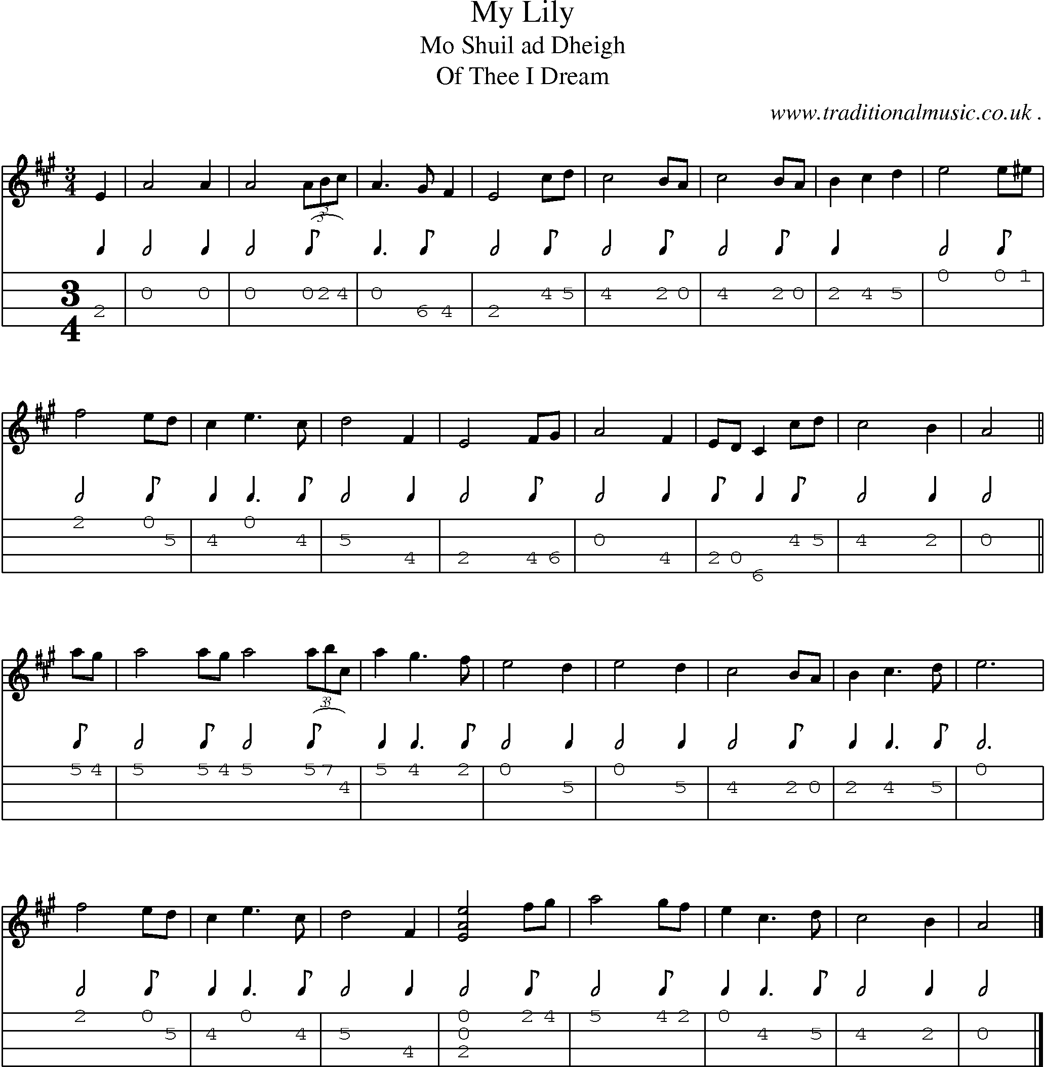 Sheet-music  score, Chords and Mandolin Tabs for My Lily