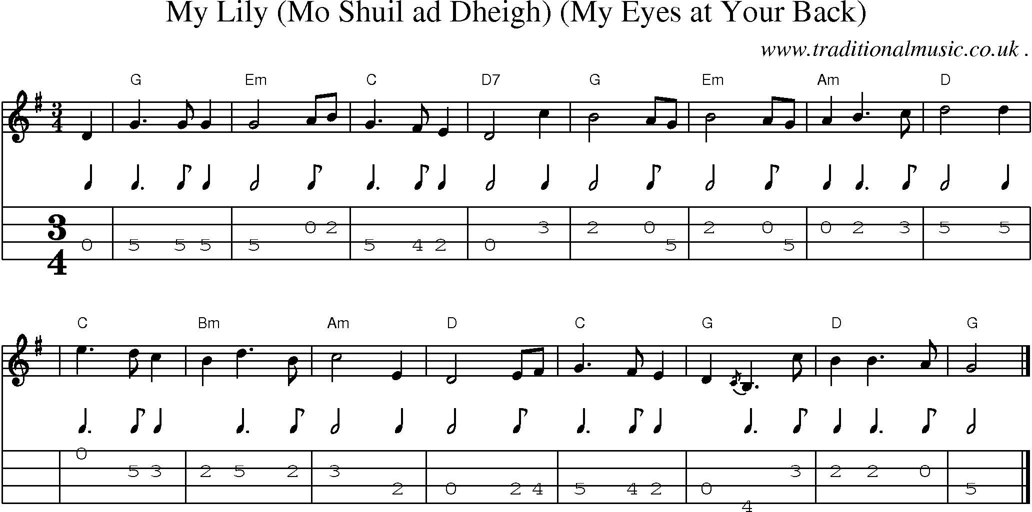 Sheet-music  score, Chords and Mandolin Tabs for My Lily Mo Shuil Ad Dheigh My Eyes At Your Back