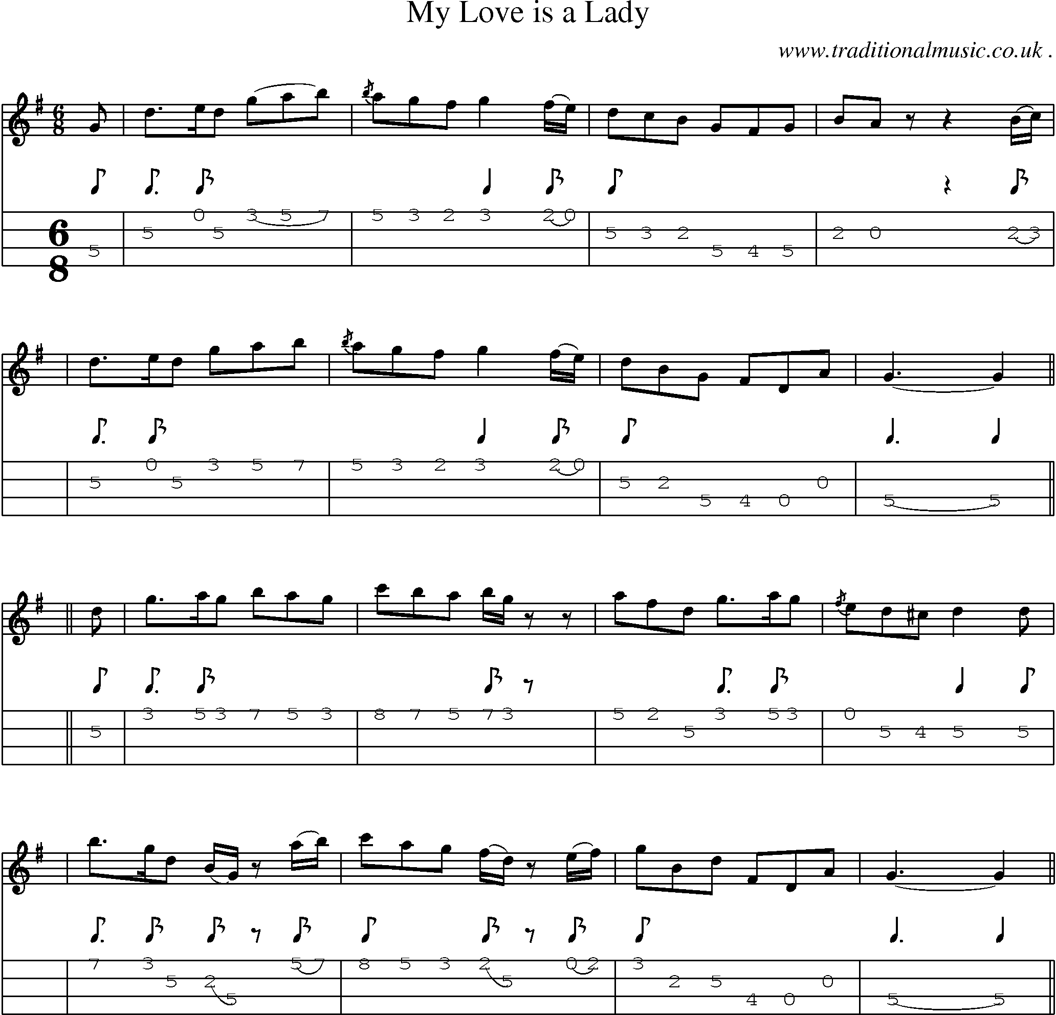 Sheet-music  score, Chords and Mandolin Tabs for My Love Is A Lady