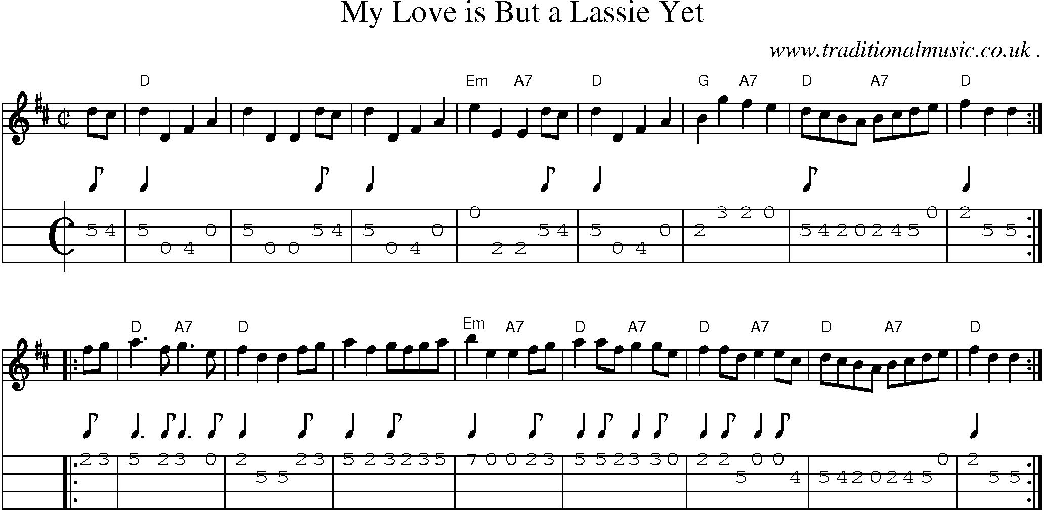Sheet-music  score, Chords and Mandolin Tabs for My Love Is But A Lassie Yet