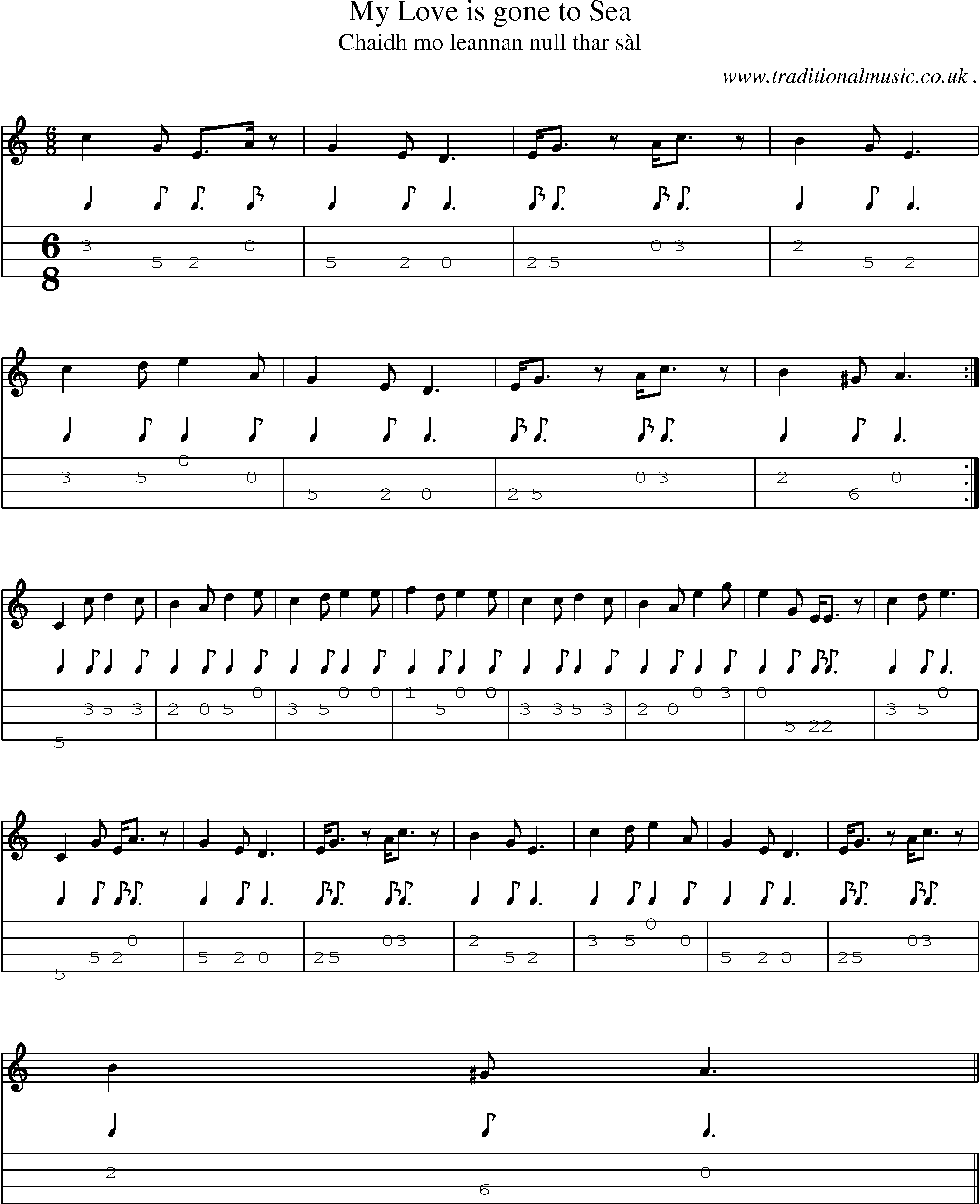 Sheet-music  score, Chords and Mandolin Tabs for My Love Is Gone To Sea