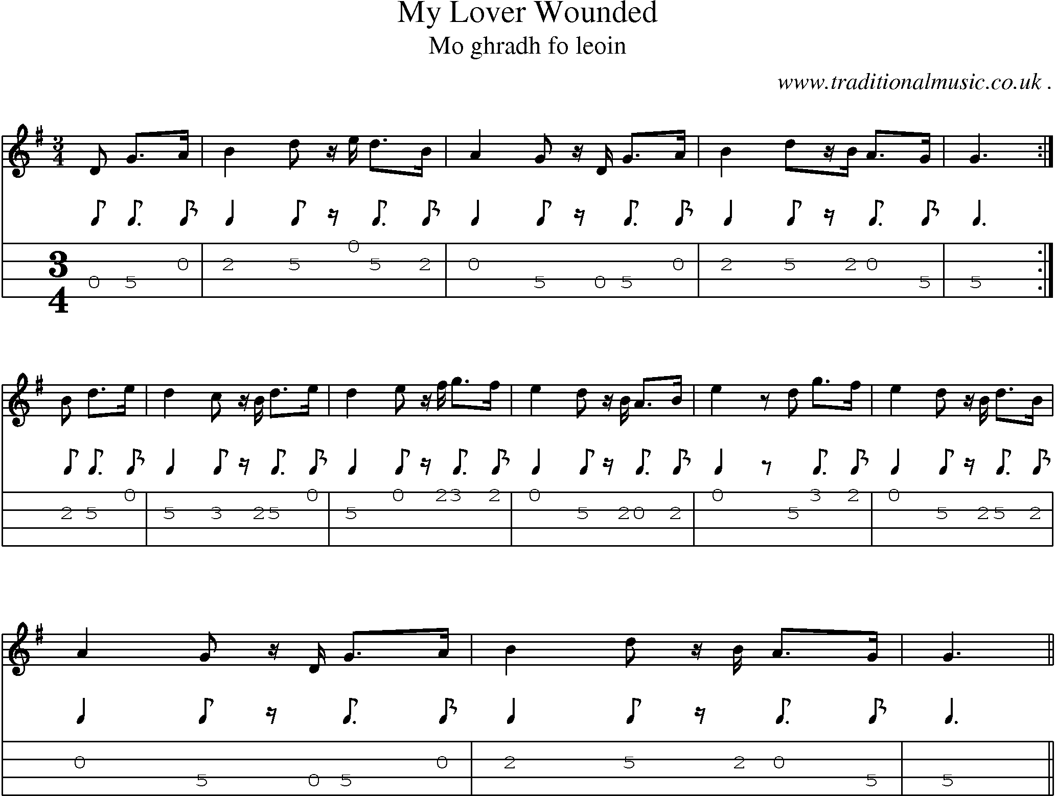 Sheet-music  score, Chords and Mandolin Tabs for My Lover Wounded