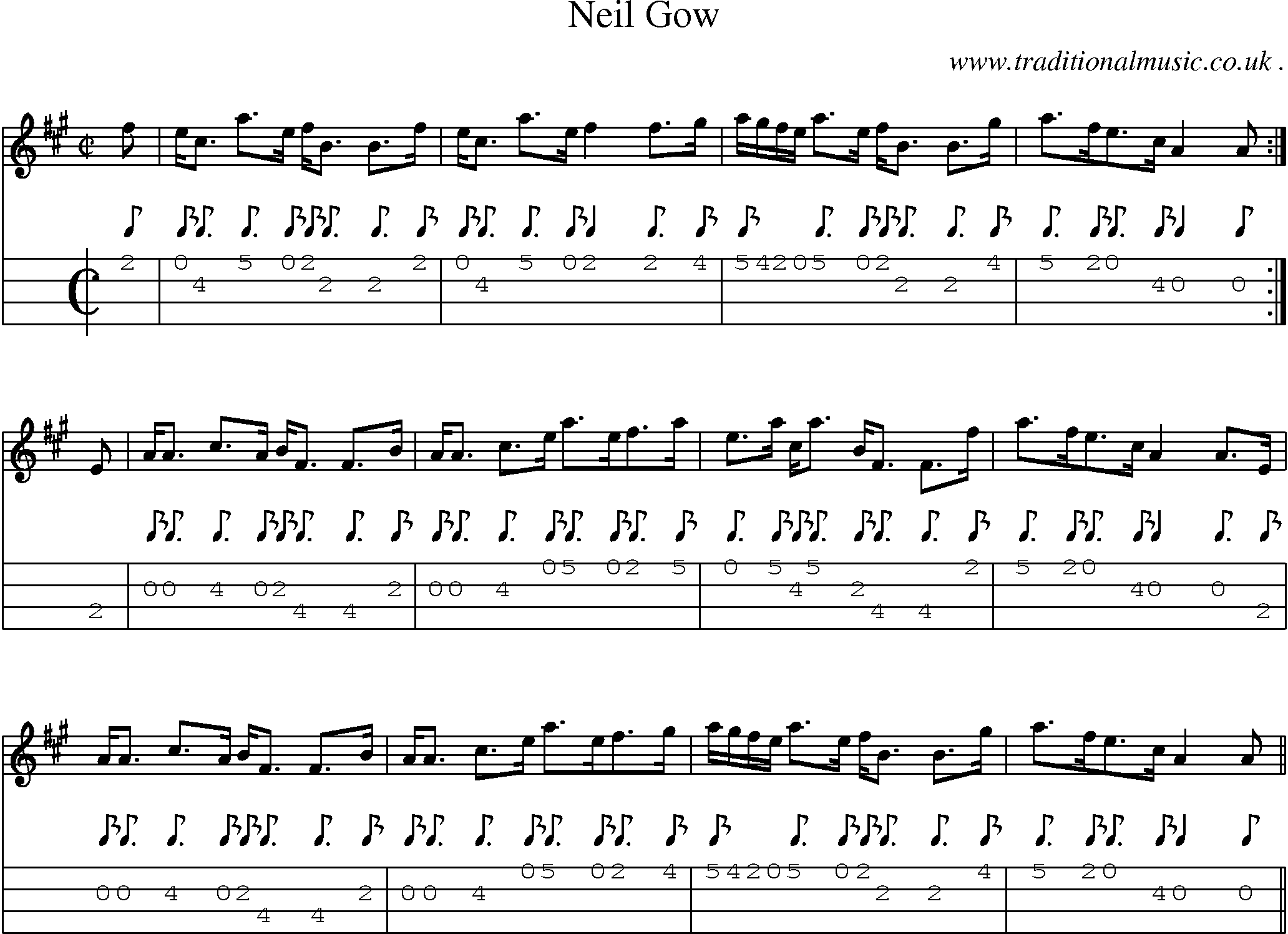 Sheet-music  score, Chords and Mandolin Tabs for Neil Gow
