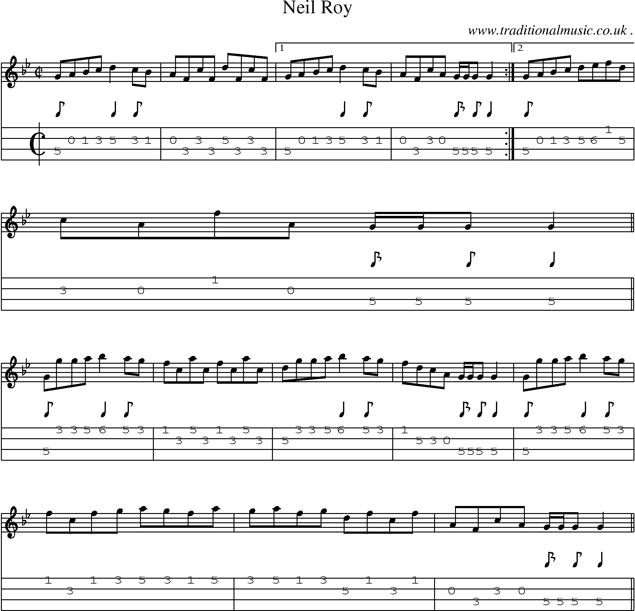 Sheet-music  score, Chords and Mandolin Tabs for Neil Roy