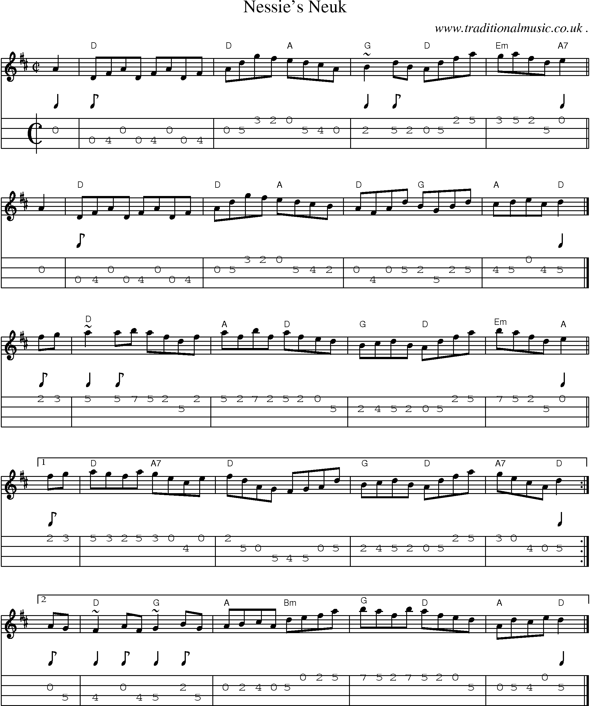 Sheet-music  score, Chords and Mandolin Tabs for Nessies Neuk