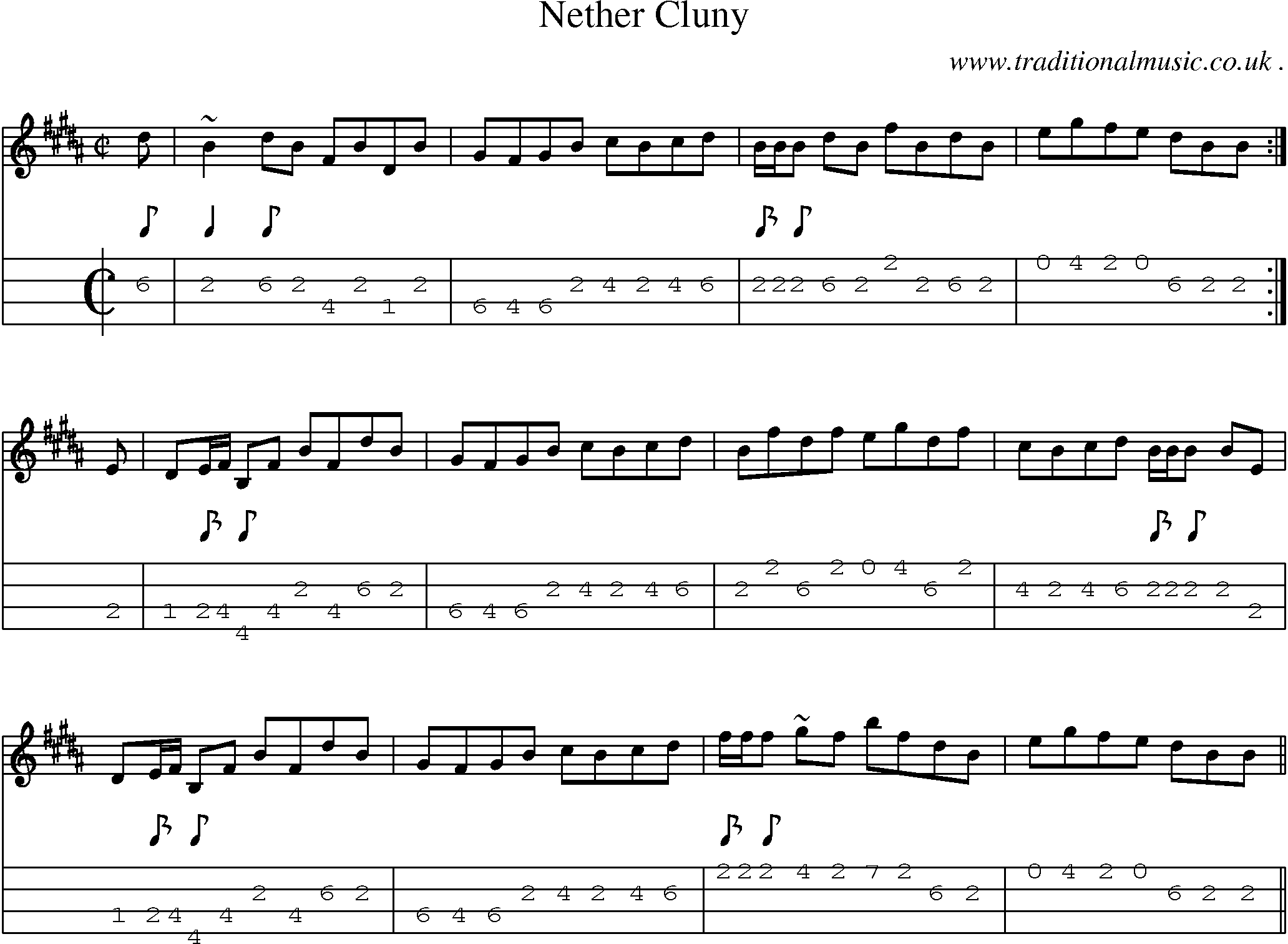 Sheet-music  score, Chords and Mandolin Tabs for Nether Cluny