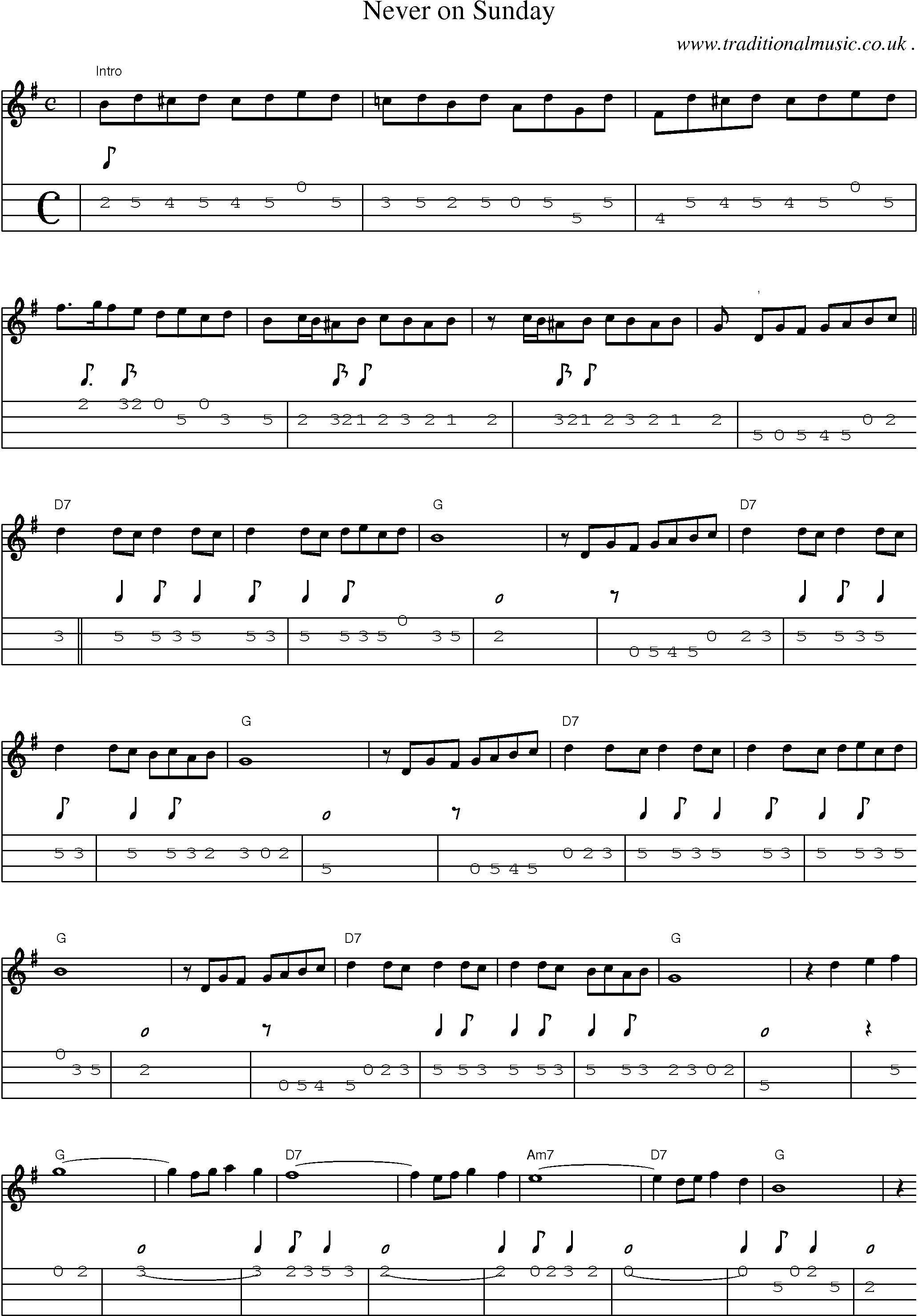 Sheet-music  score, Chords and Mandolin Tabs for Never On Sunday