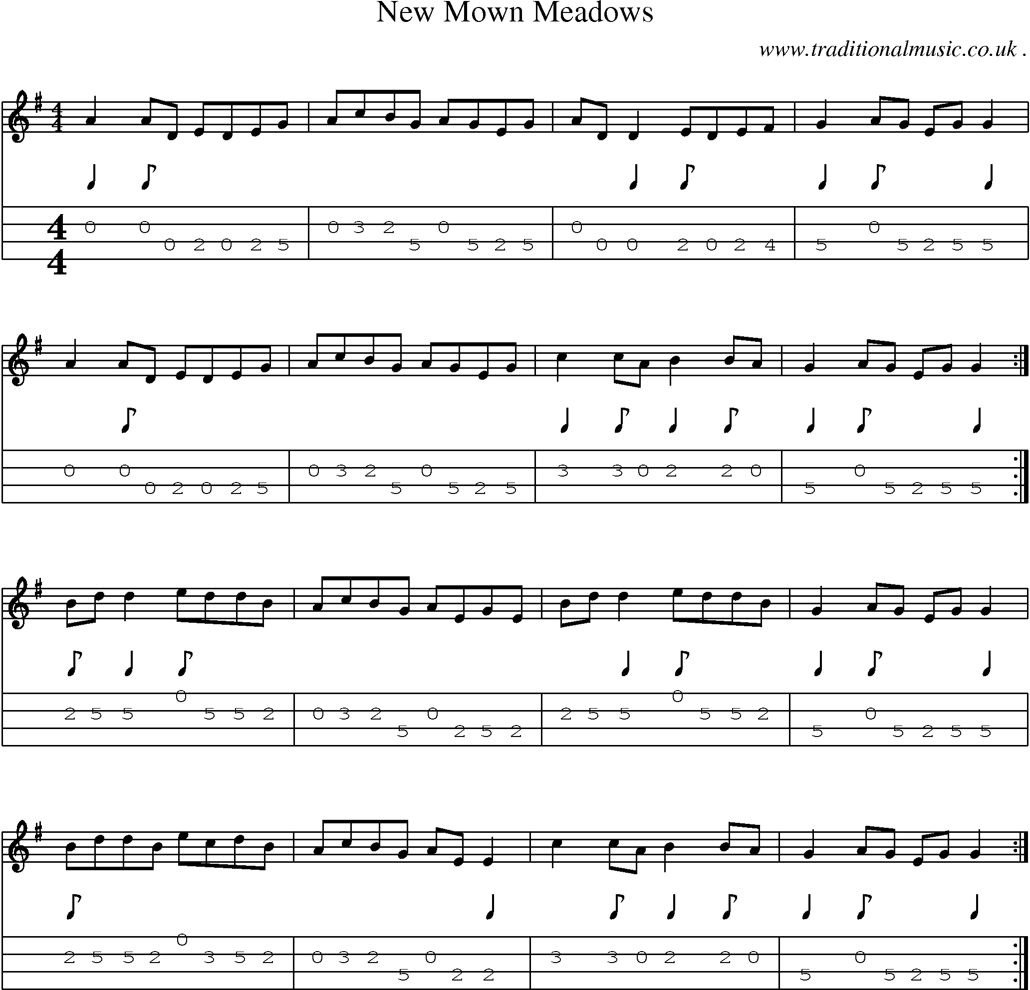 Sheet-music  score, Chords and Mandolin Tabs for New Mown Meadows