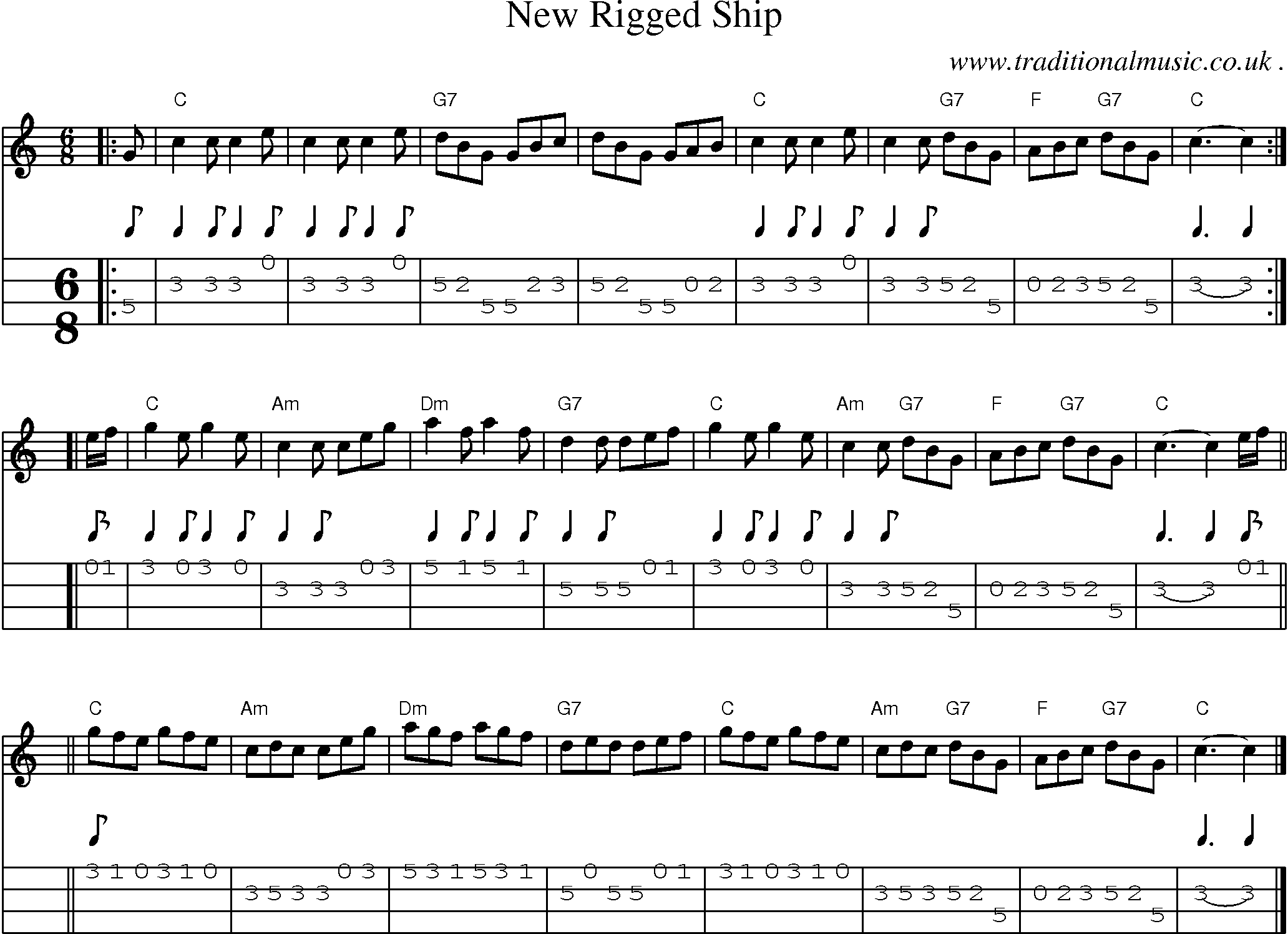 Sheet-music  score, Chords and Mandolin Tabs for New Rigged Ship